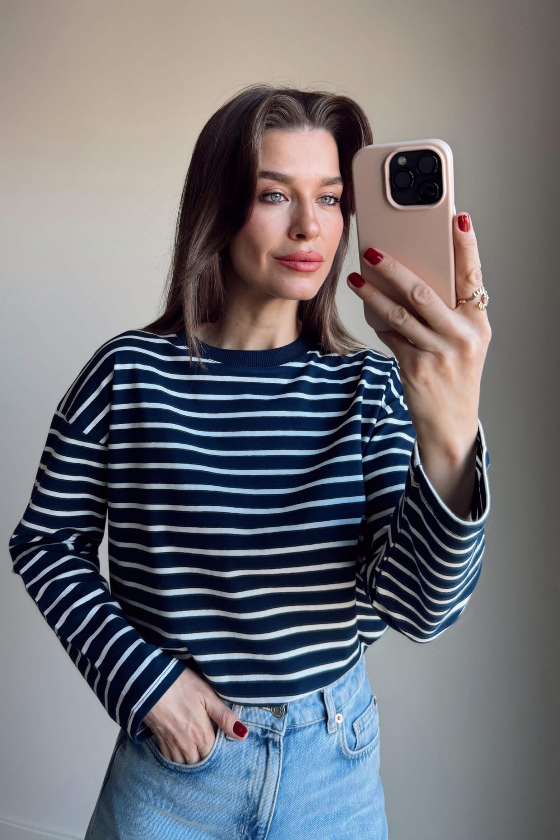 Lacivert Beyaz Çizgili Bisiklet Yaka Premium İnce Sweat