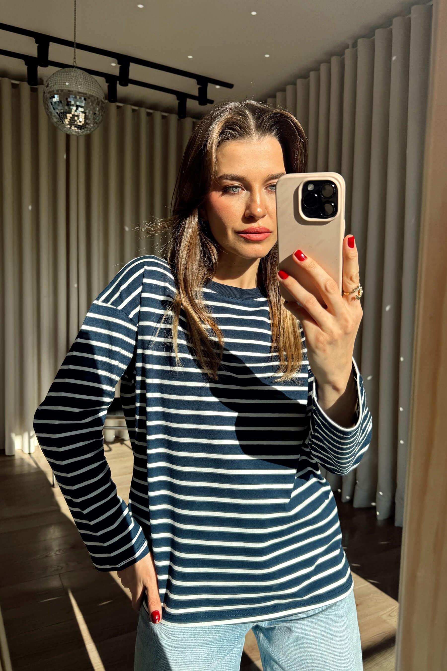 Lacivert Beyaz Çizgili Bisiklet Yaka Premium İnce Sweat