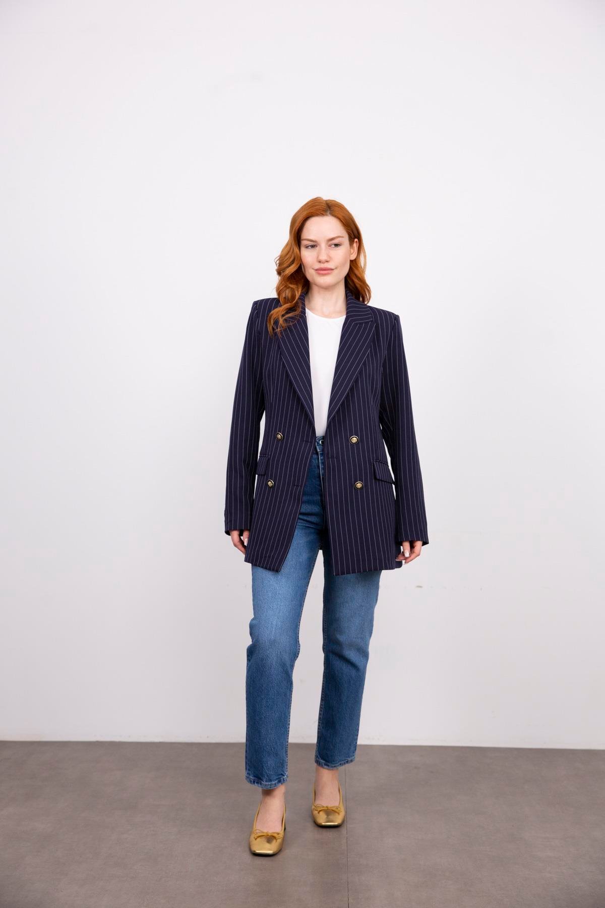 Lacivert Beyaz Çizgili Blazer Ceket