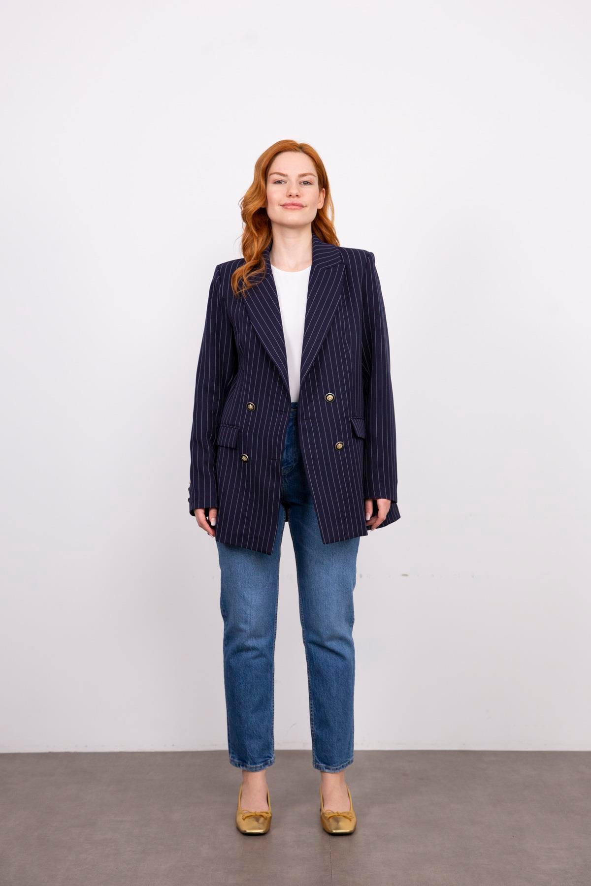 Lacivert Beyaz Çizgili Blazer Ceket