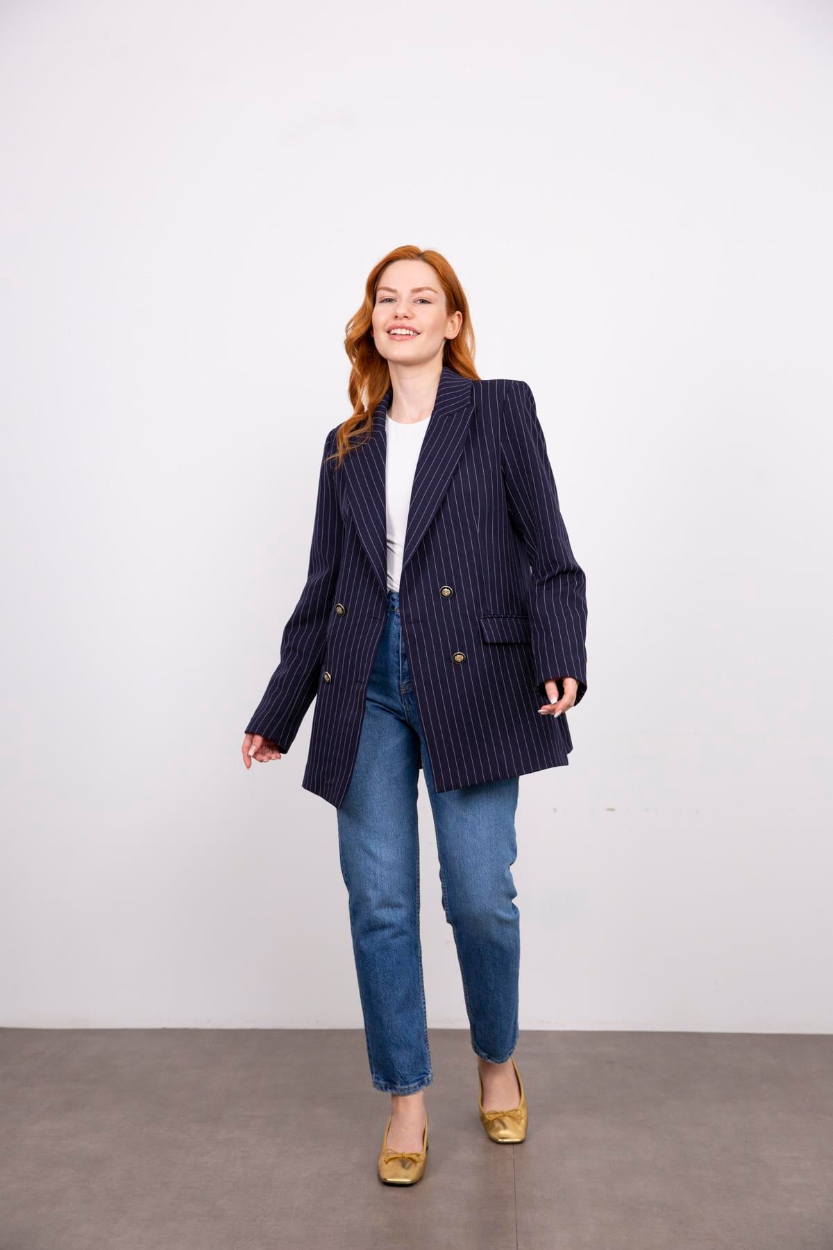 Lacivert Beyaz Çizgili Blazer Ceket