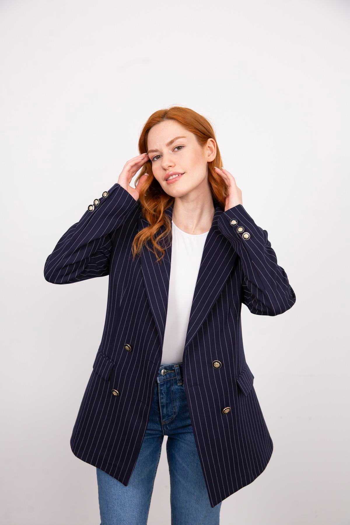 Lacivert Beyaz Çizgili Blazer Ceket