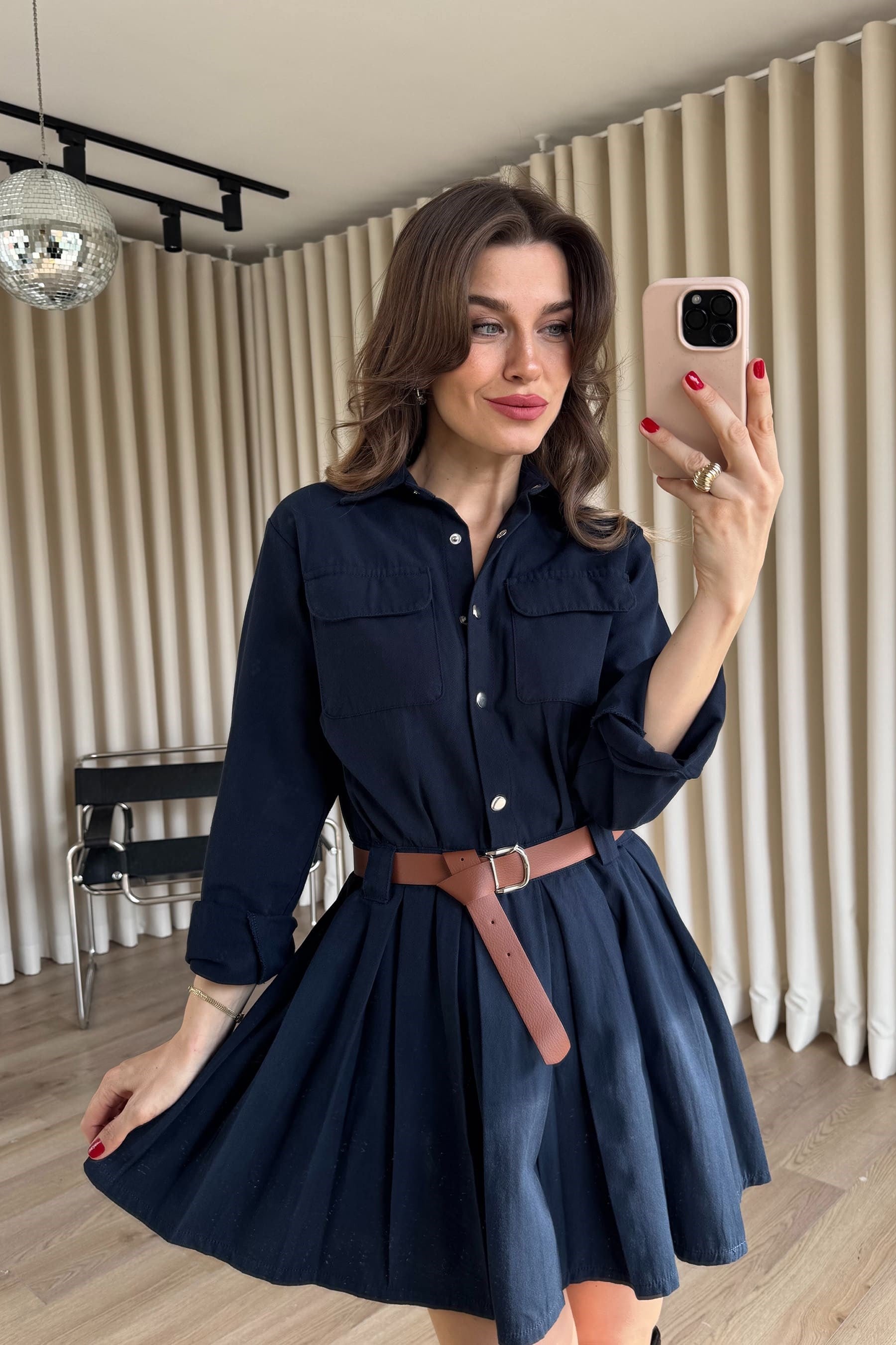 Lacivert Çıtçıtlı Eteği Pileli Kemerli Gabardin Gömlek Elbise