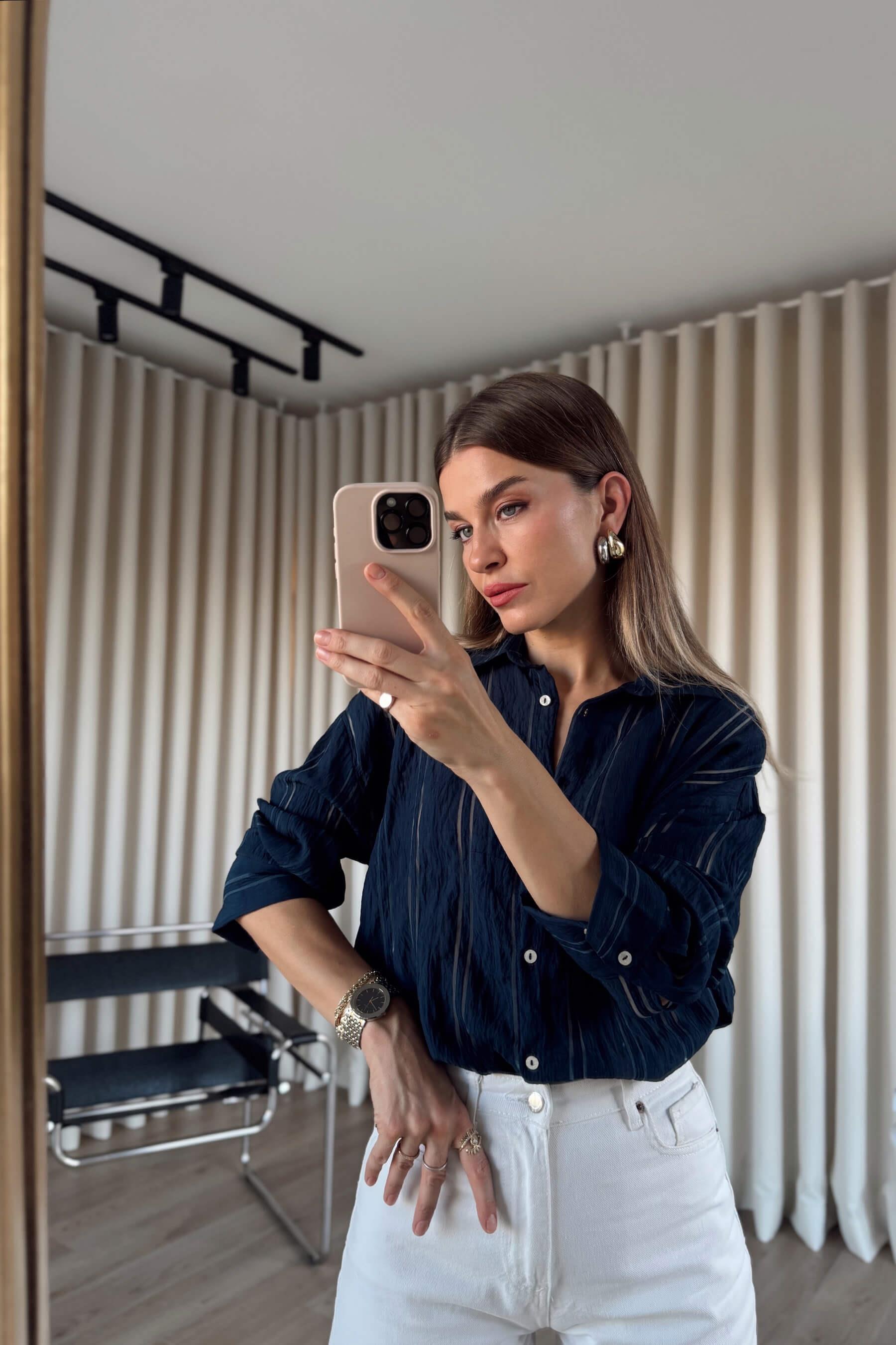 Lacivert Çizgi Detaylı Oversize Premium Gömlek
