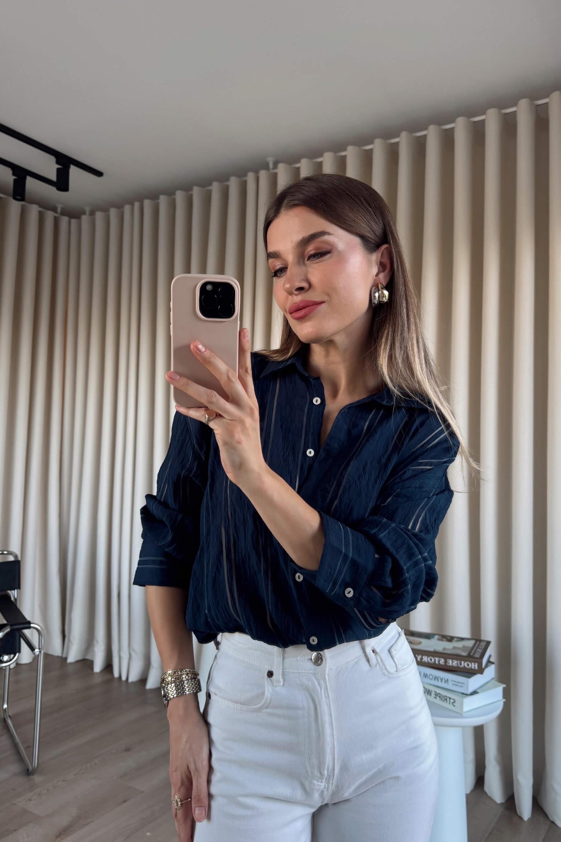Lacivert Çizgi Detaylı Oversize Premium Gömlek