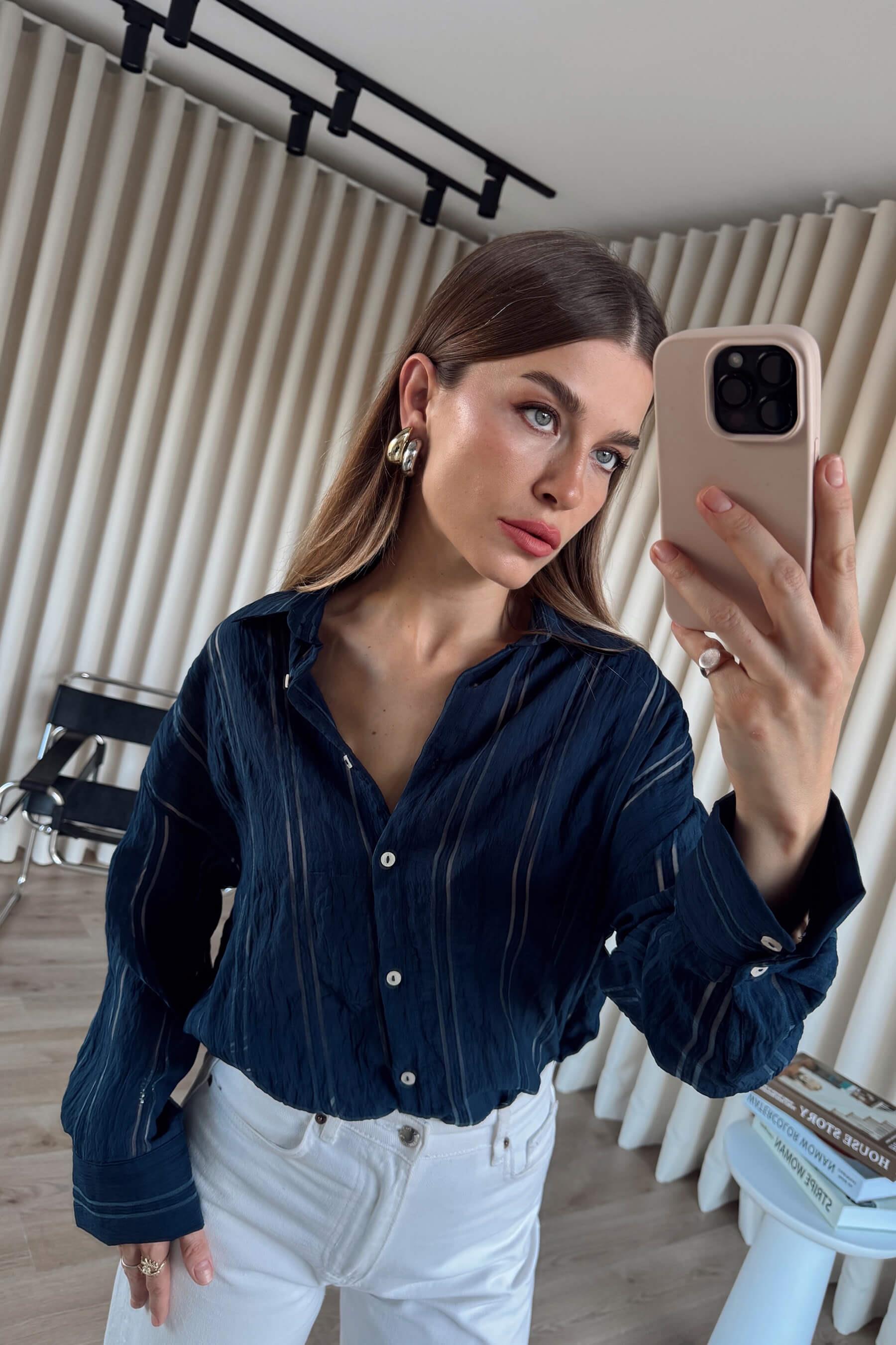 Lacivert Çizgi Detaylı Oversize Premium Gömlek