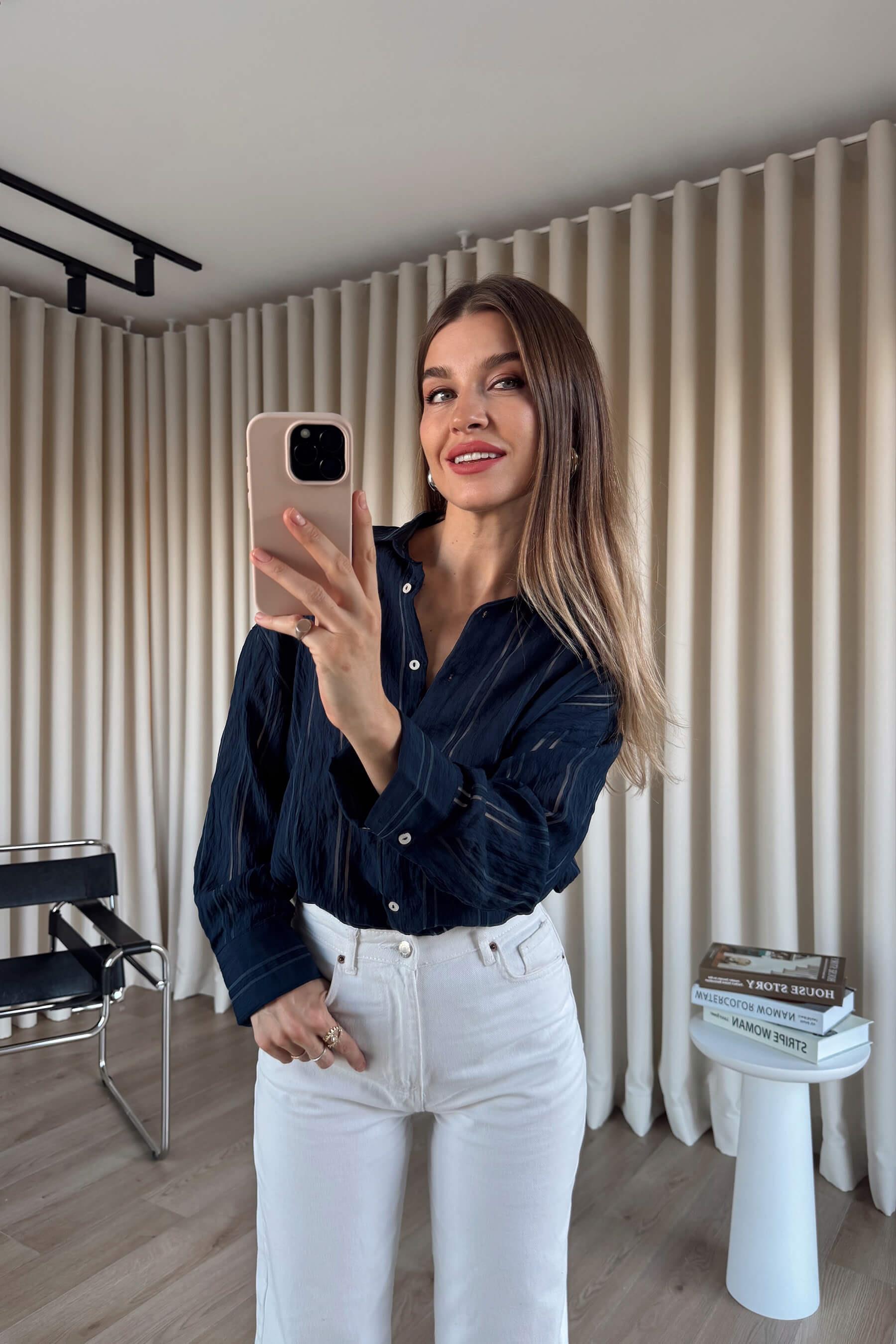 Lacivert Çizgi Detaylı Oversize Premium Gömlek