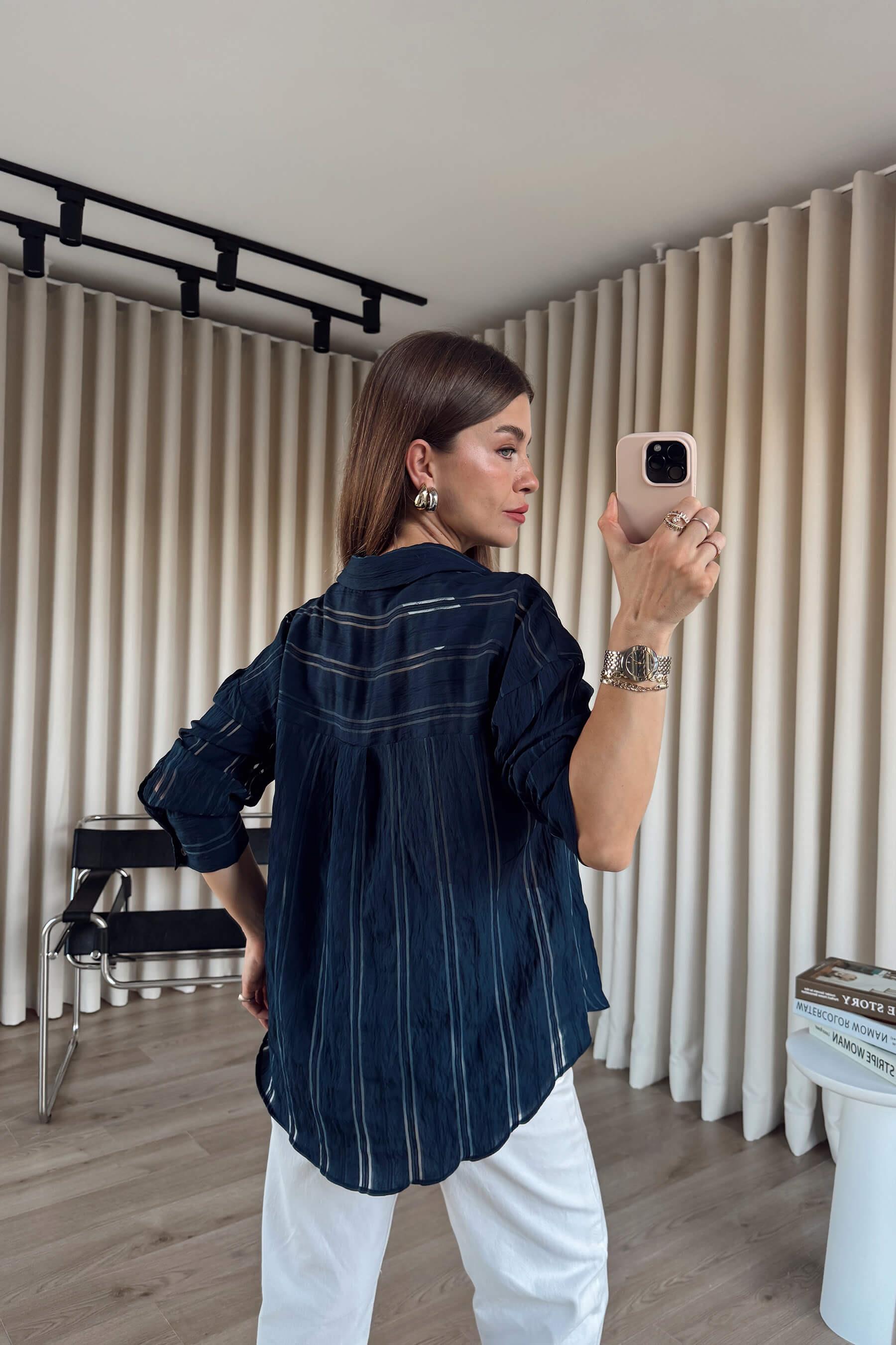 Lacivert Çizgi Detaylı Oversize Premium Gömlek