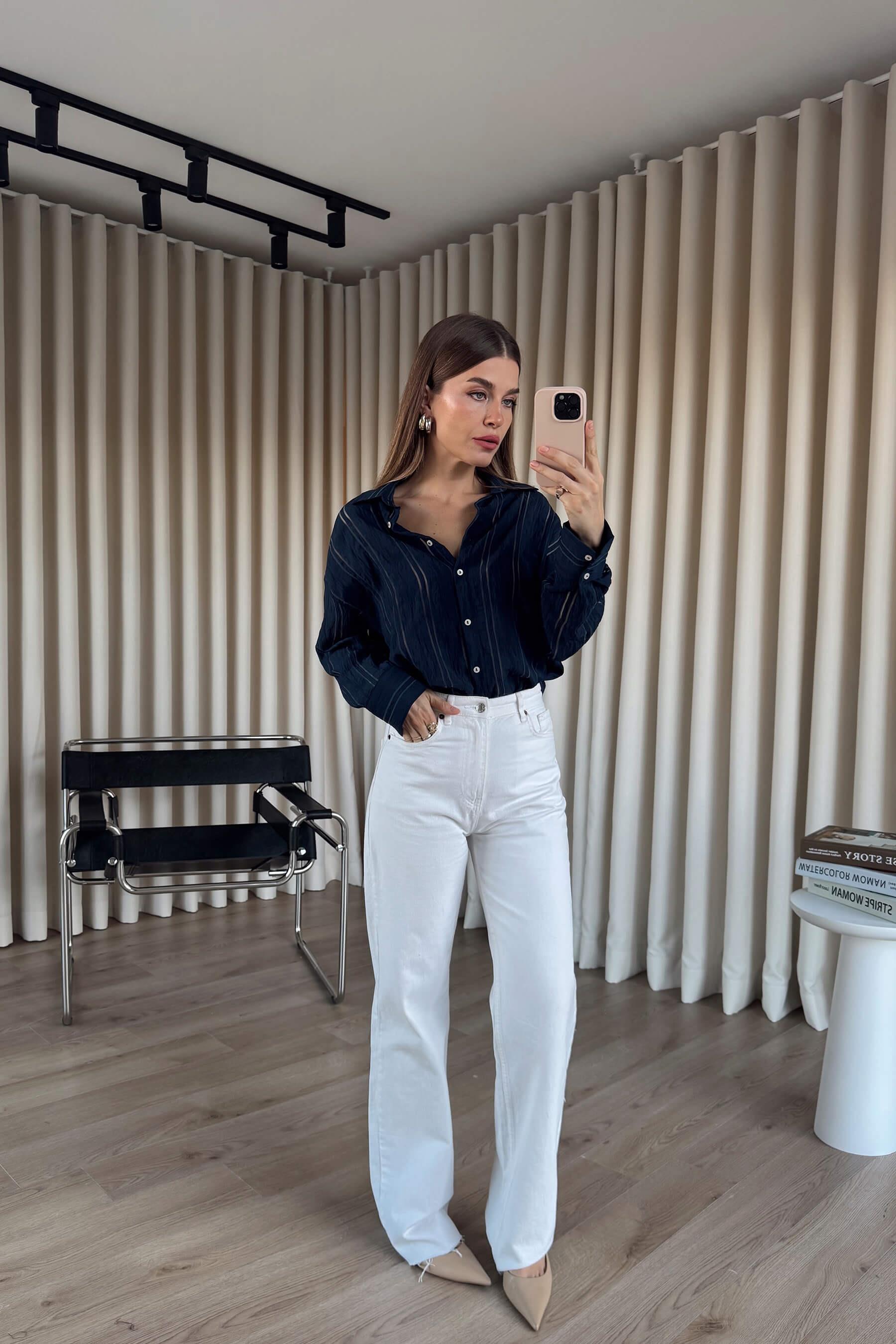 Lacivert Çizgi Detaylı Oversize Premium Gömlek