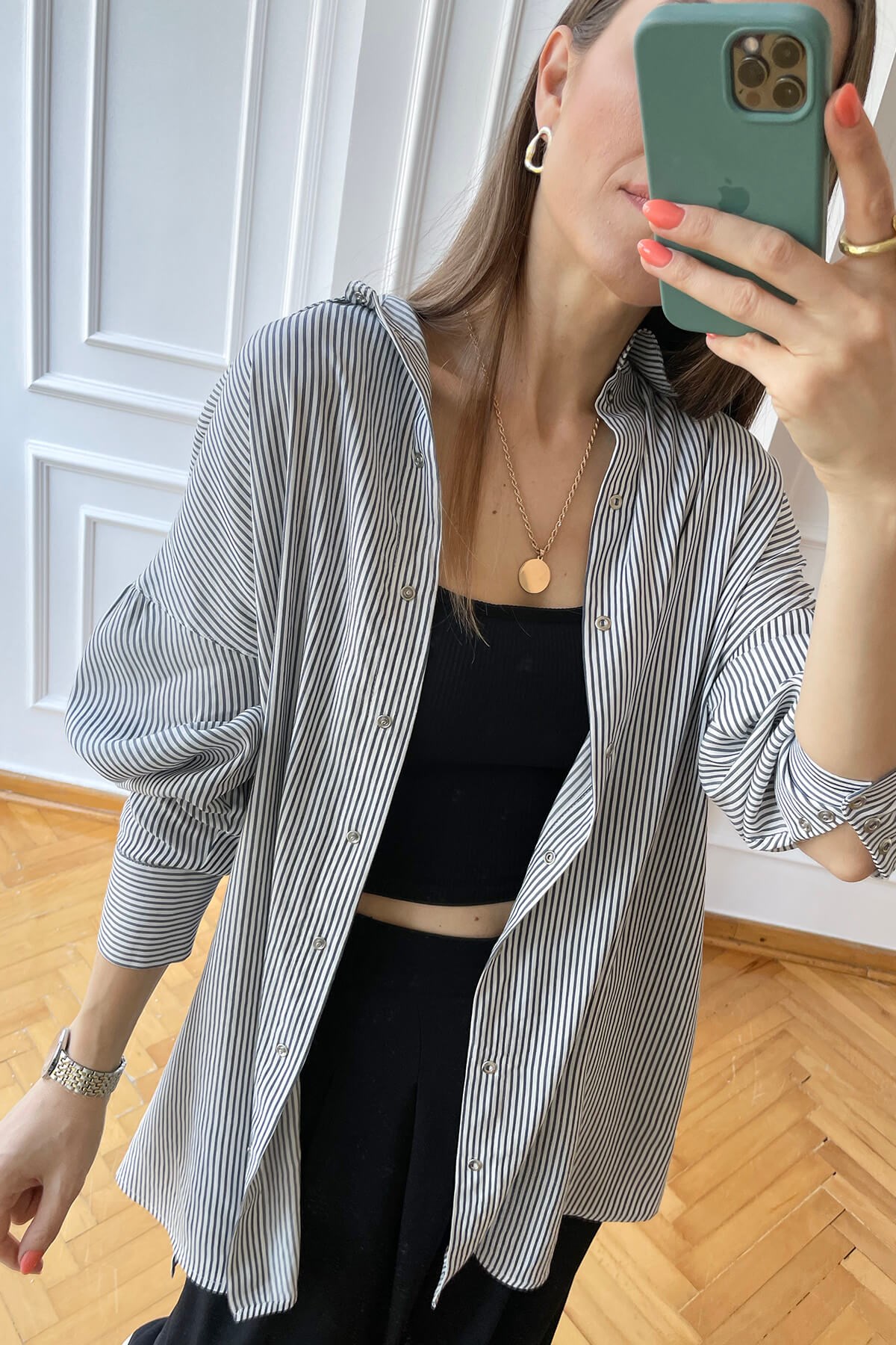 Lacivert Çizgili Oversize Gömlek