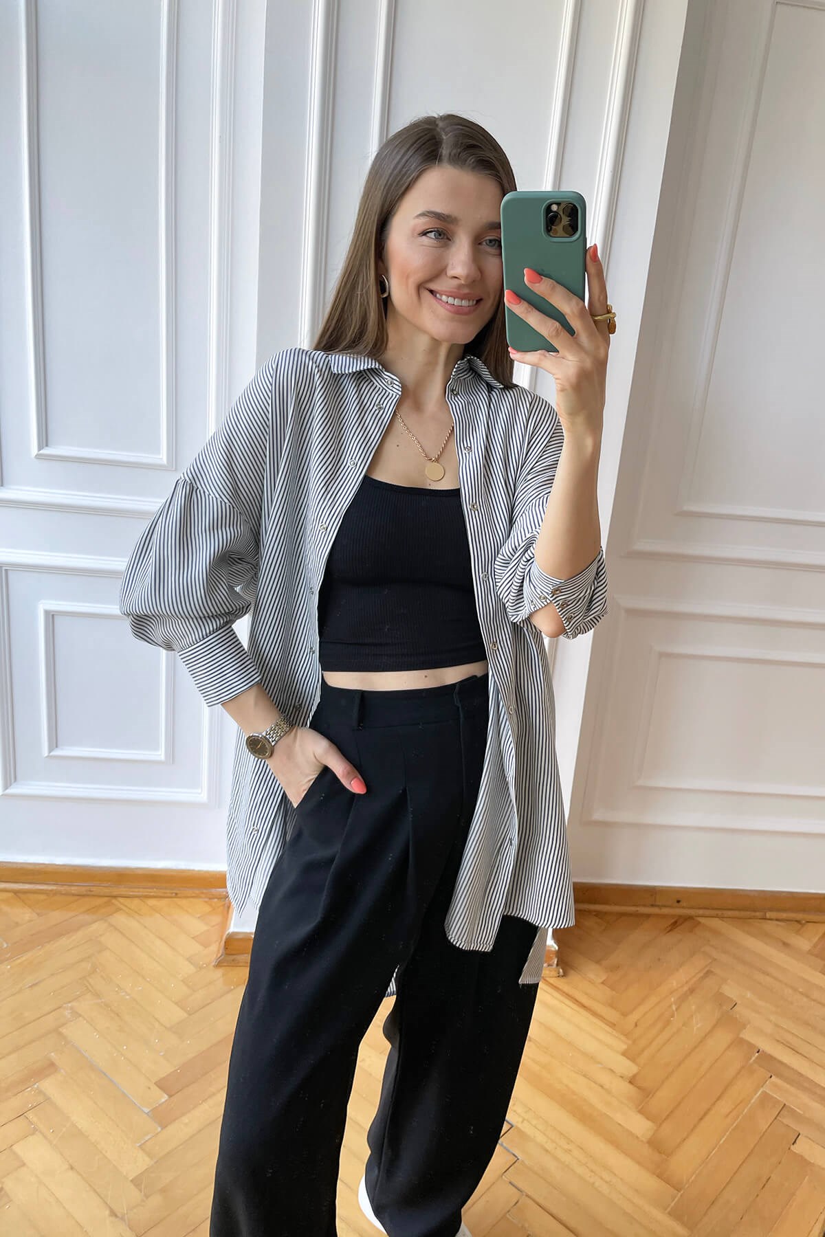 Lacivert Çizgili Oversize Gömlek