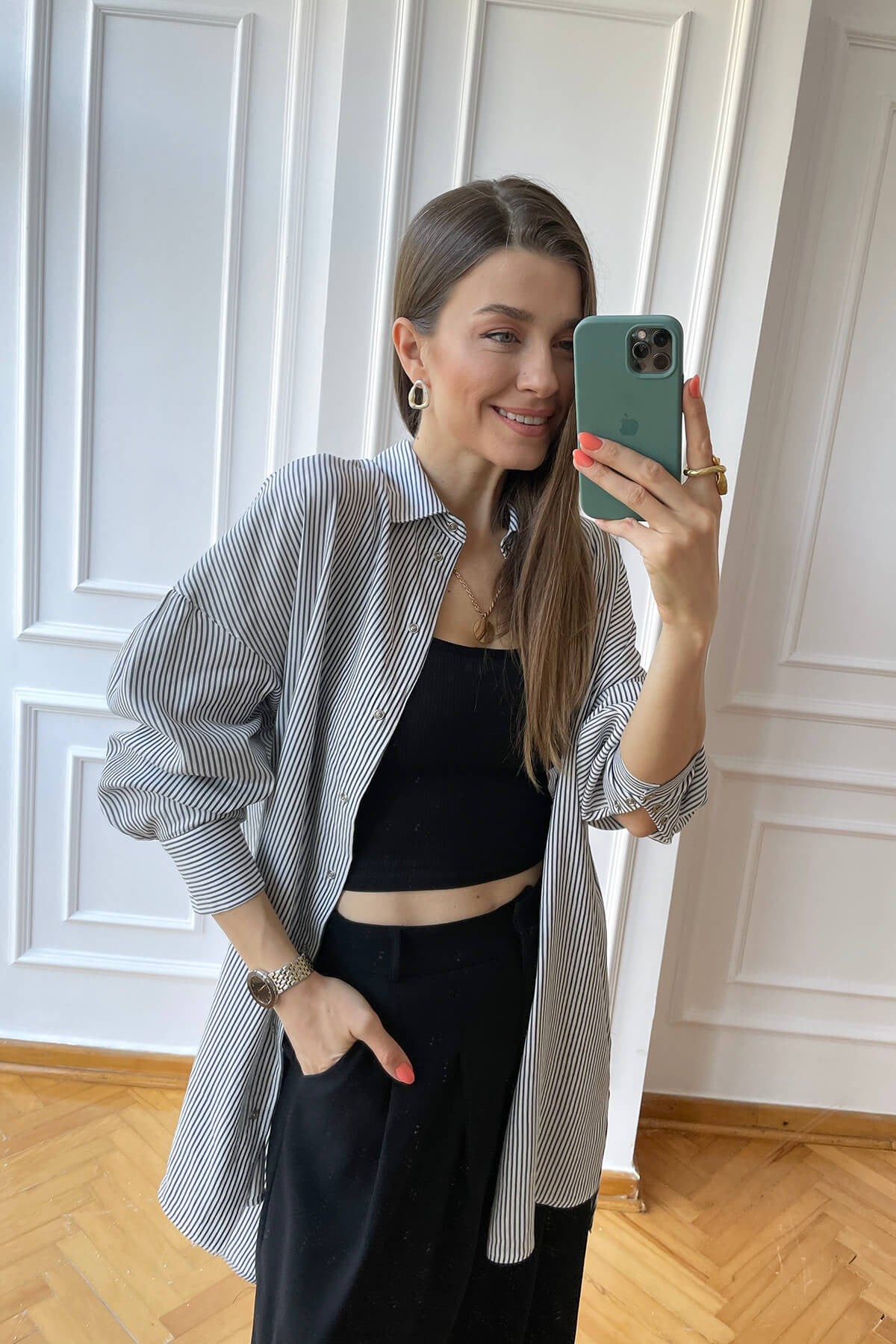Lacivert Çizgili Oversize Gömlek