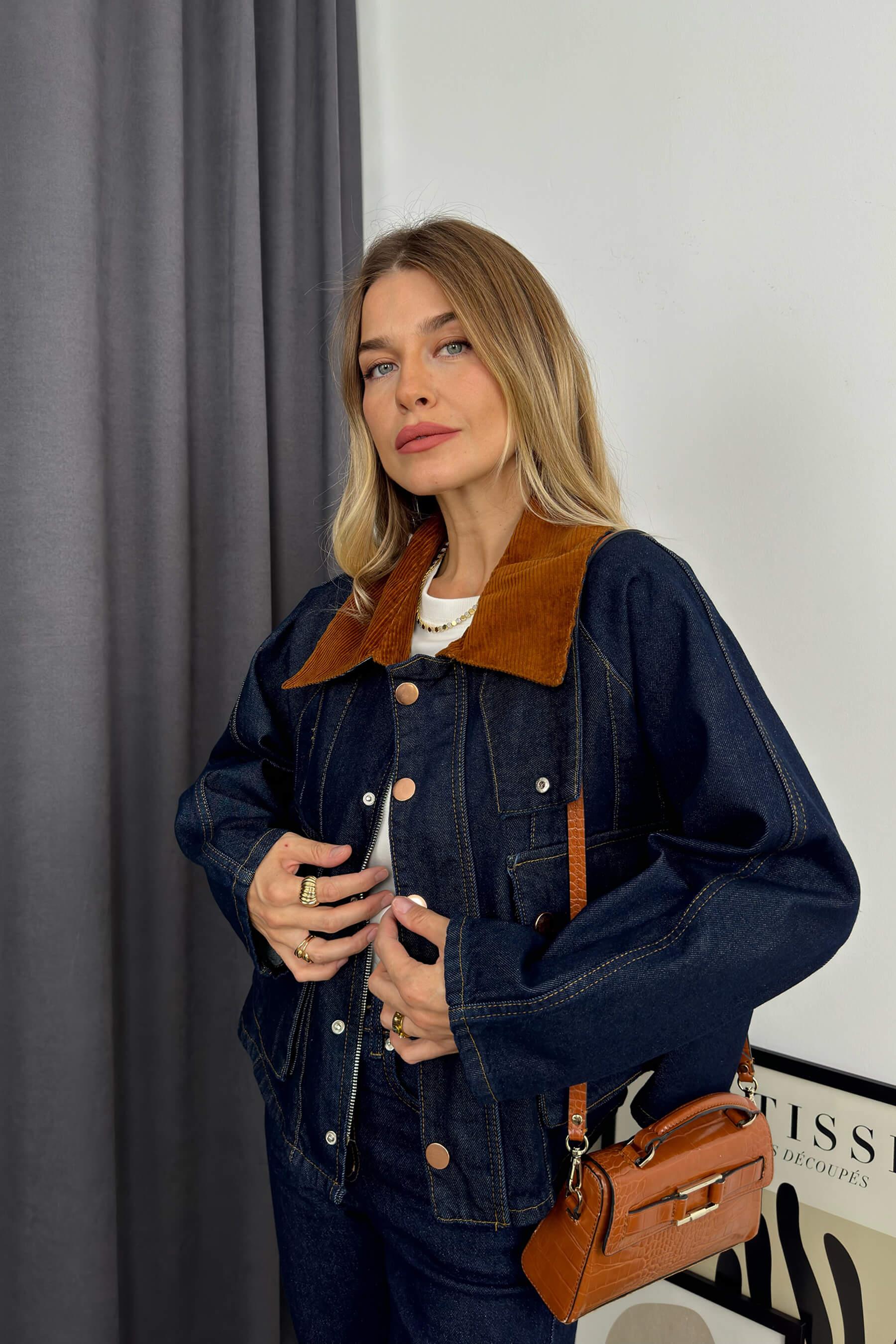 Lacivert Fermuarlı Kadife Yakalı Oversize Kot Ceket