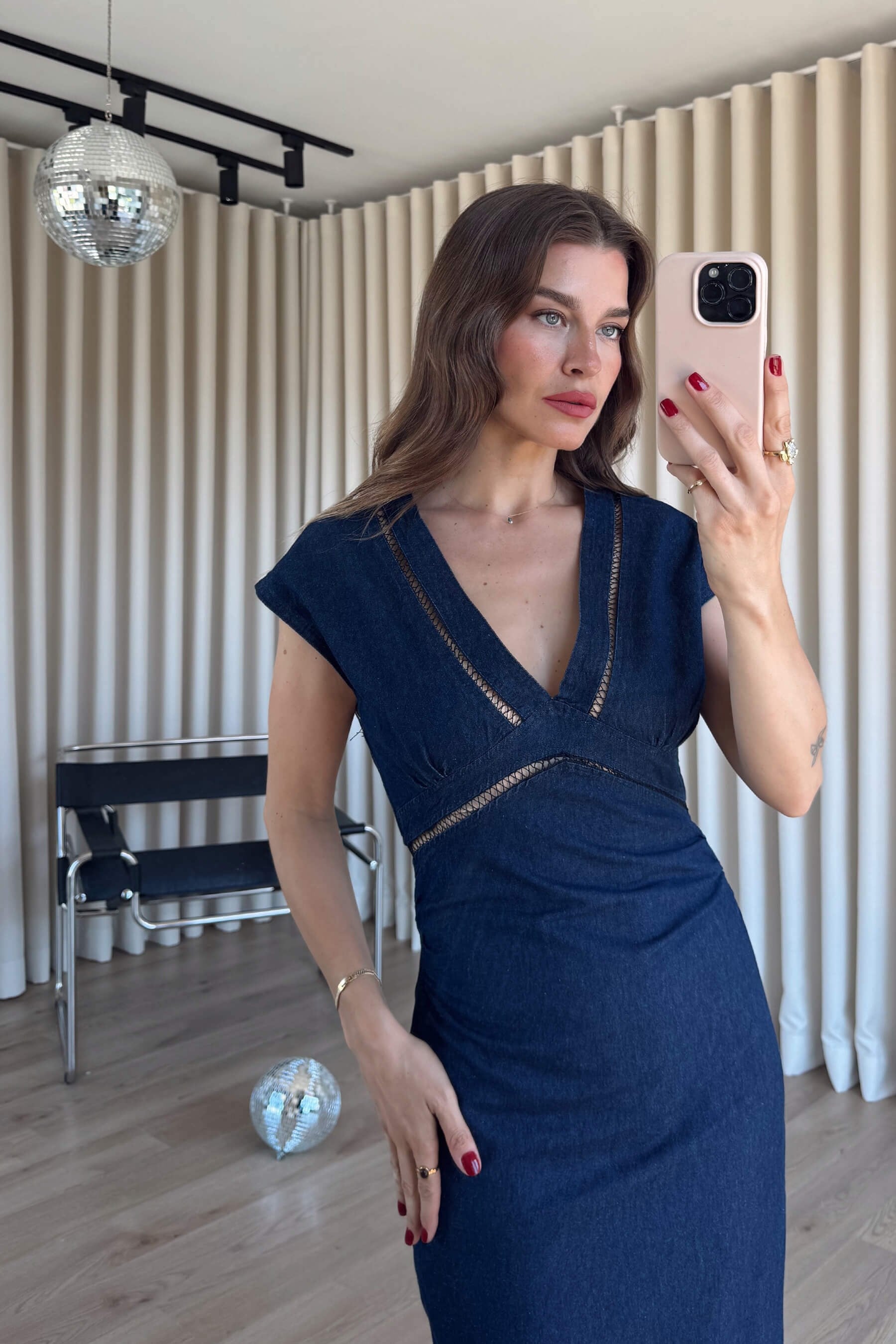 Lacivert File Detaylı Yırtmaçlı Denim Elbise