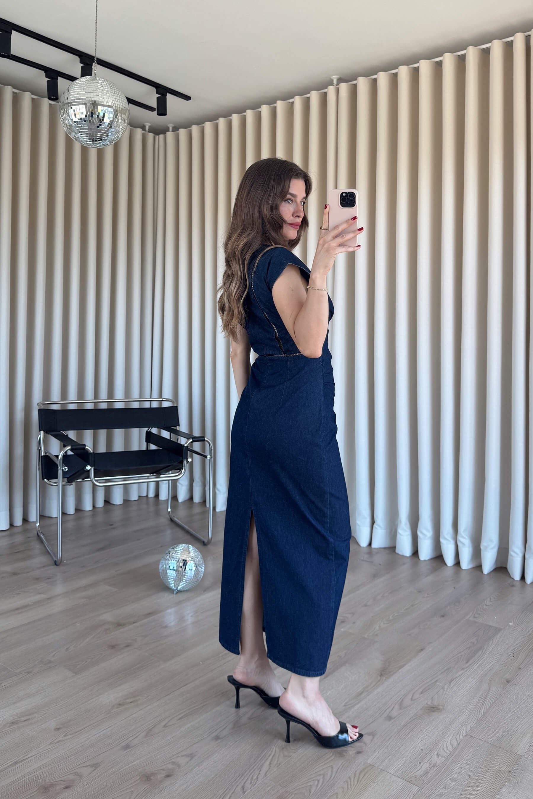 Lacivert File Detaylı Yırtmaçlı Denim Elbise
