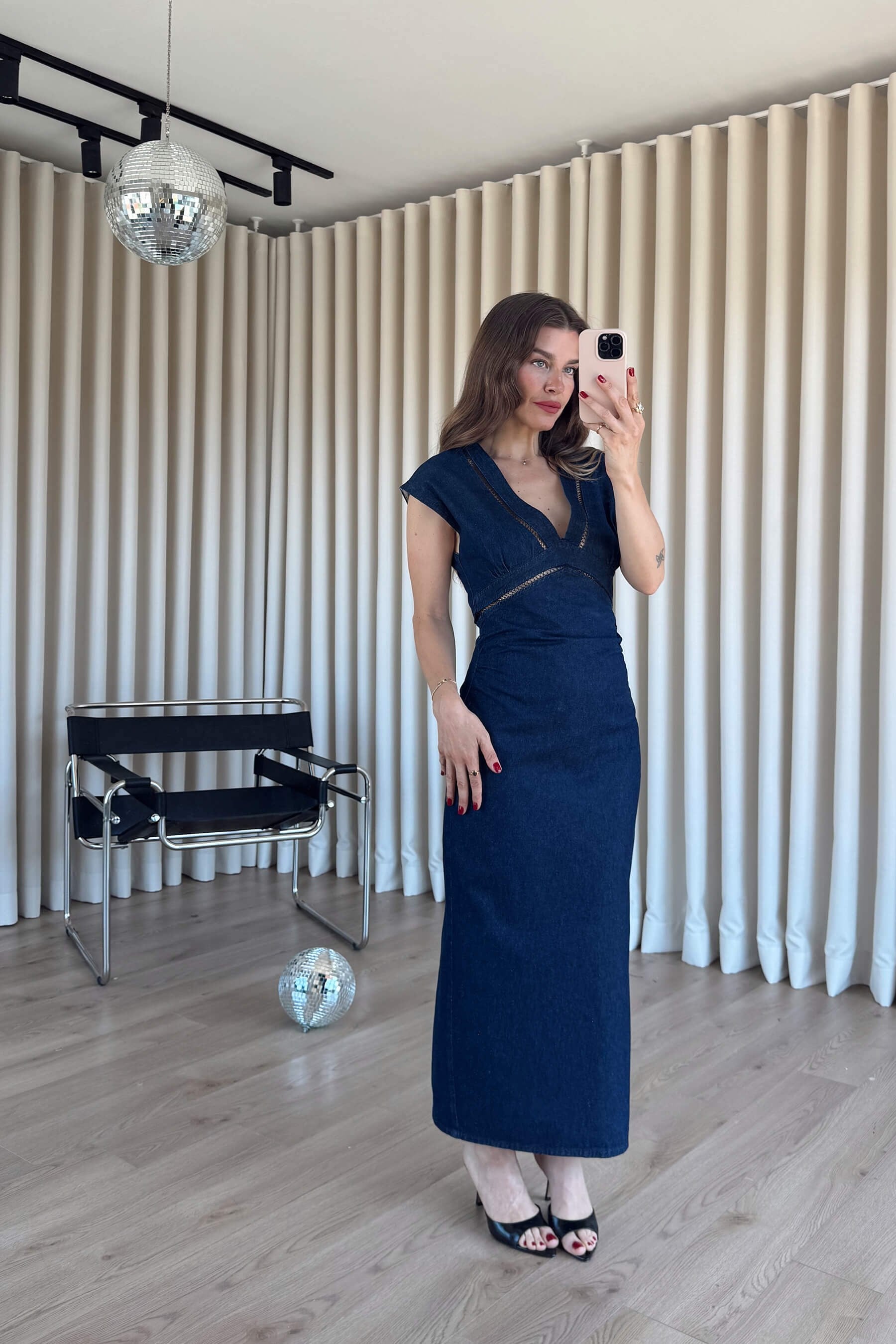 Lacivert File Detaylı Yırtmaçlı Denim Elbise