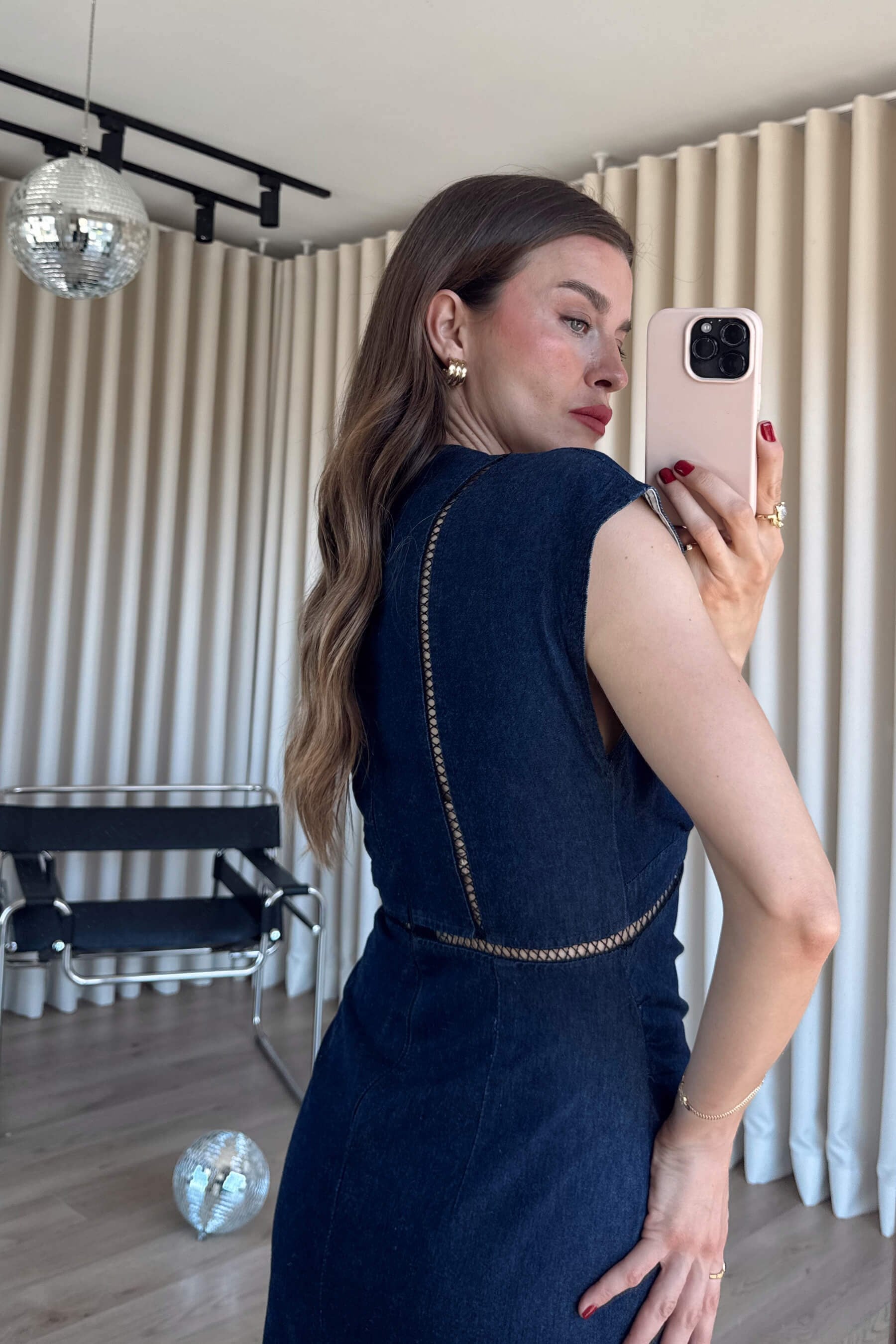 Lacivert File Detaylı Yırtmaçlı Denim Elbise