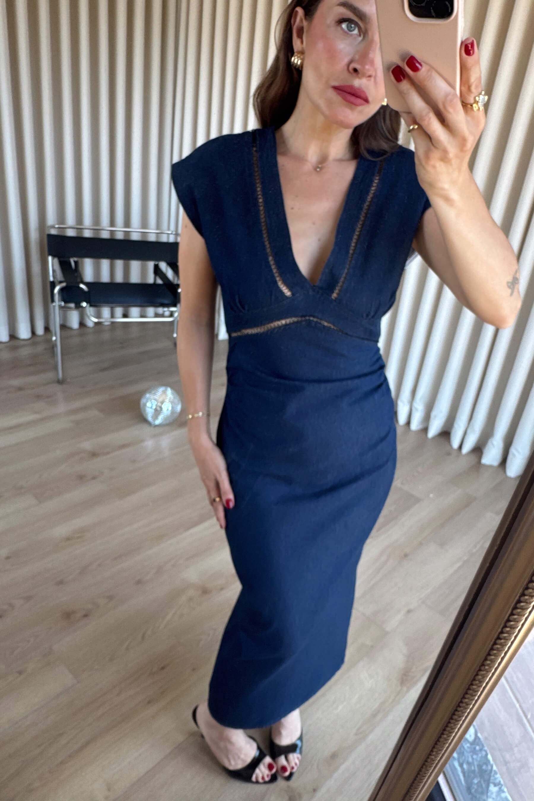 Lacivert File Detaylı Yırtmaçlı Denim Elbise