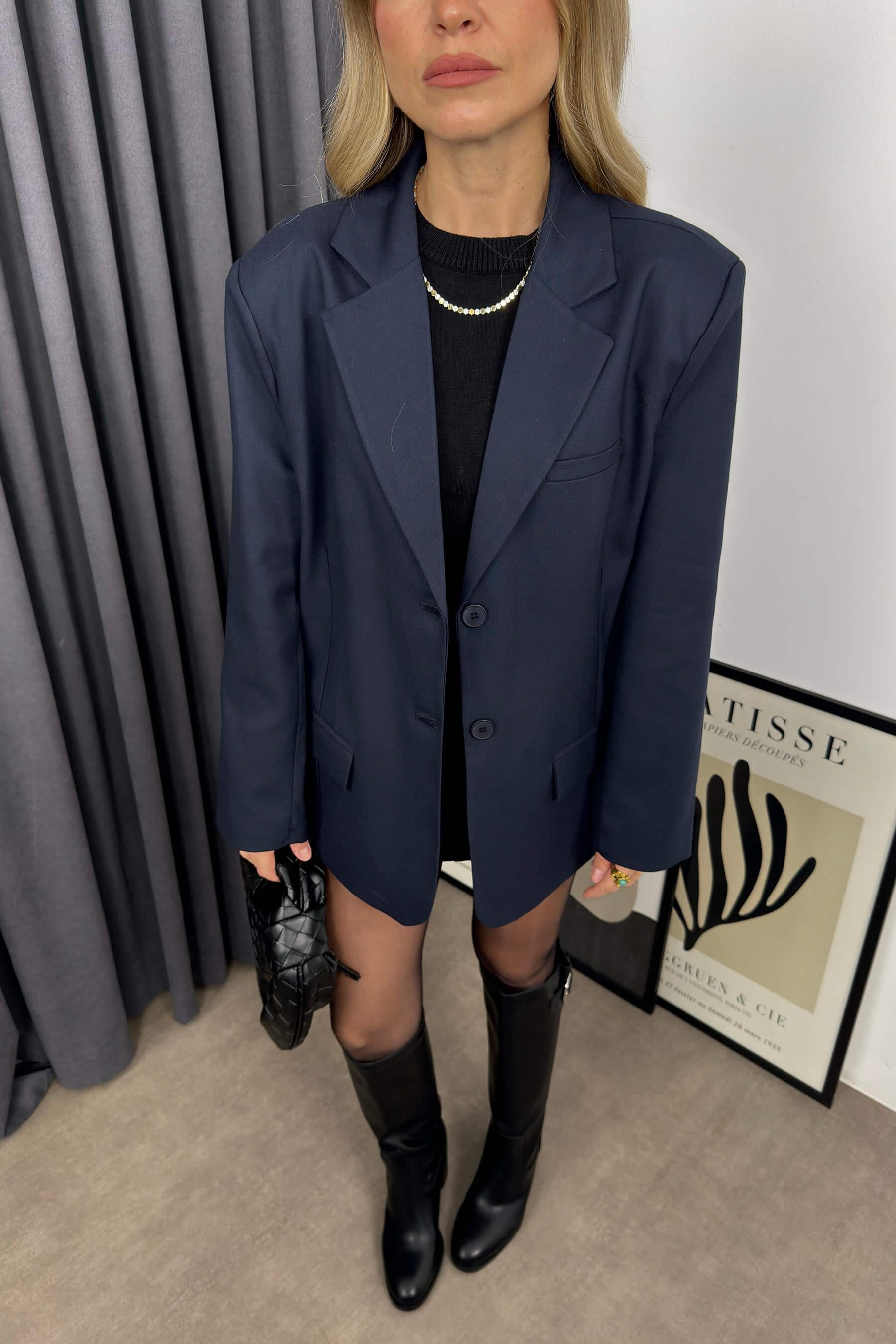 Lacivert Fileto Cepli Astarlı Oversize Blazer Ceket
