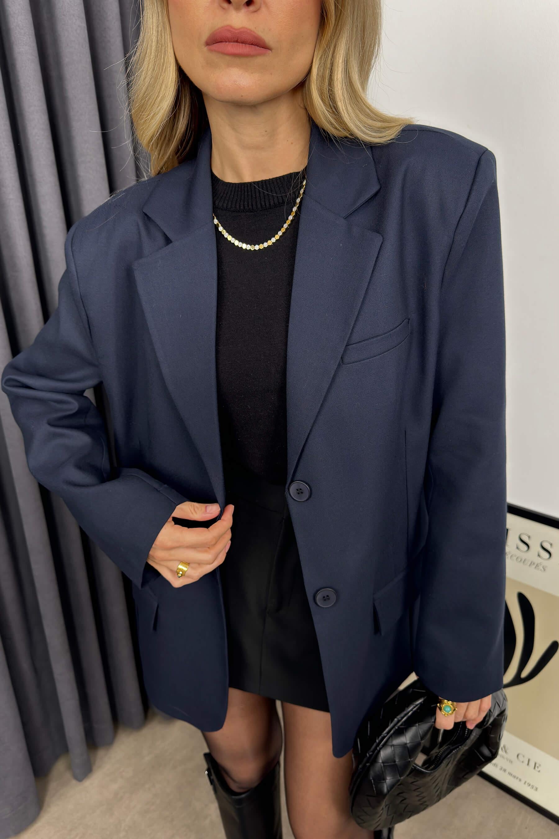 Lacivert Fileto Cepli Astarlı Oversize Blazer Ceket