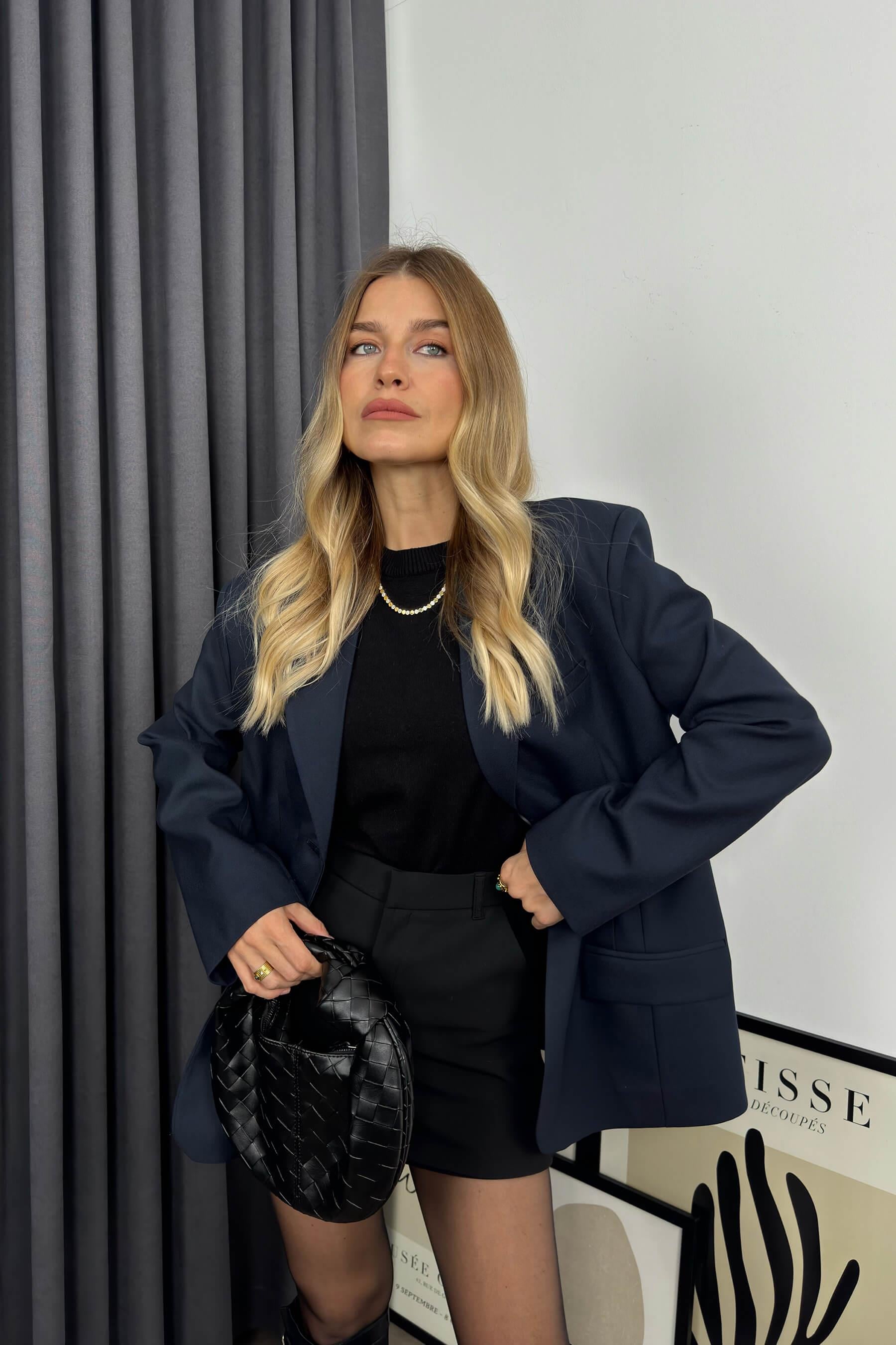 Lacivert Fileto Cepli Astarlı Oversize Blazer Ceket