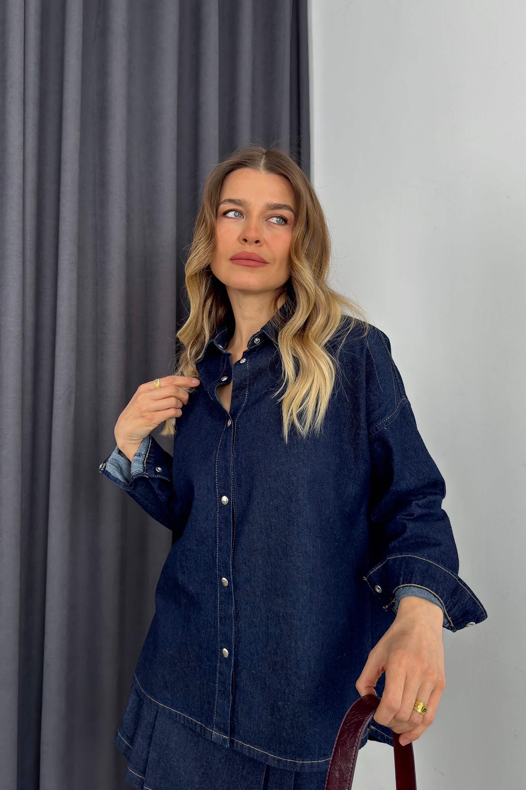 Lacivert Gömlek Önü Pileli Şort Etek Denim Takım