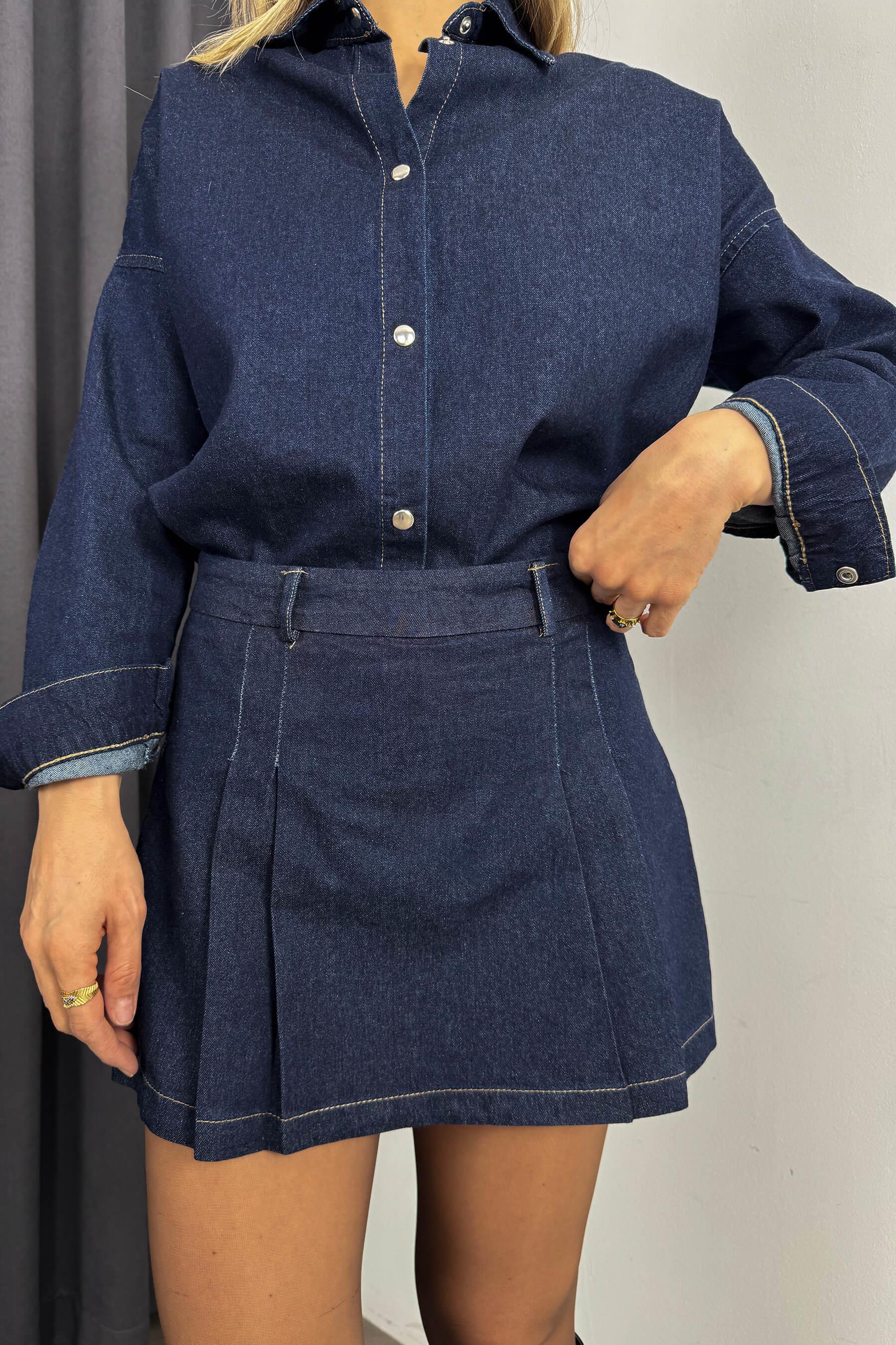 Lacivert Gömlek Önü Pileli Şort Etek Denim Takım