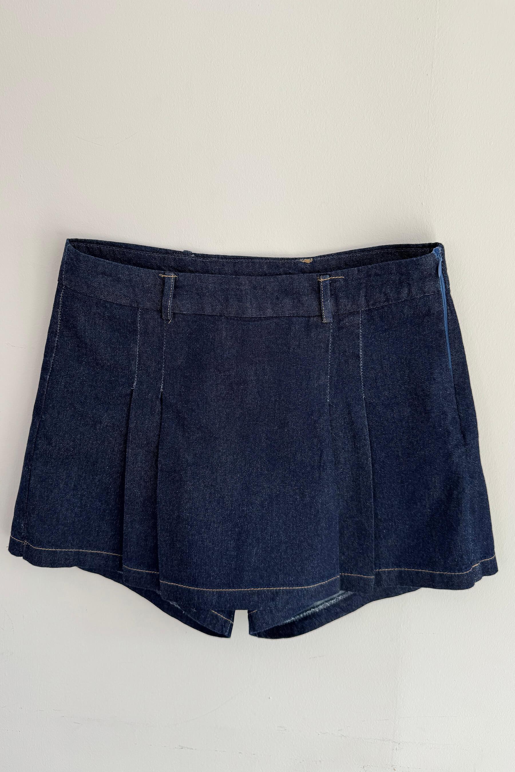 Lacivert Gömlek Önü Pileli Şort Etek Denim Takım