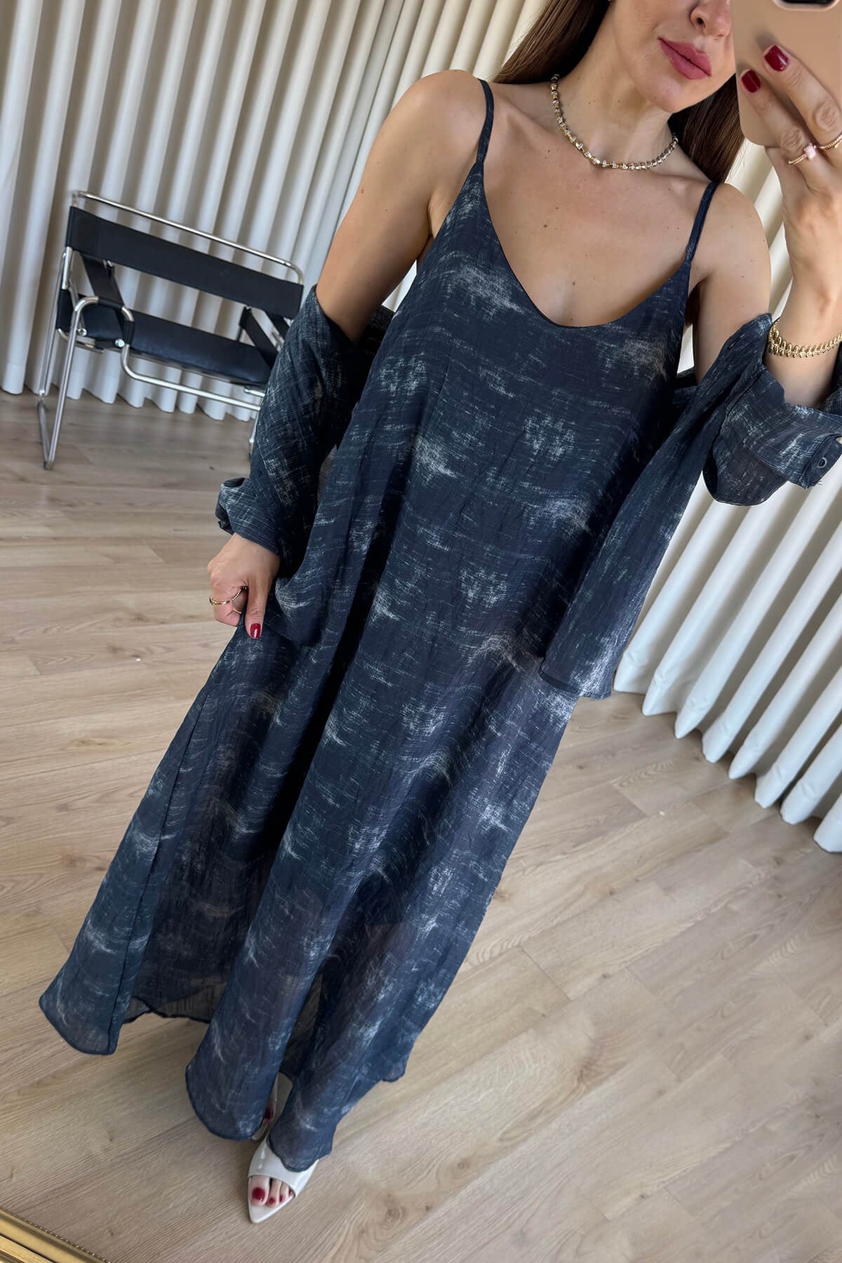 Lacivert Gri Askılı Astarlı Batik Desenli Premium Elbise