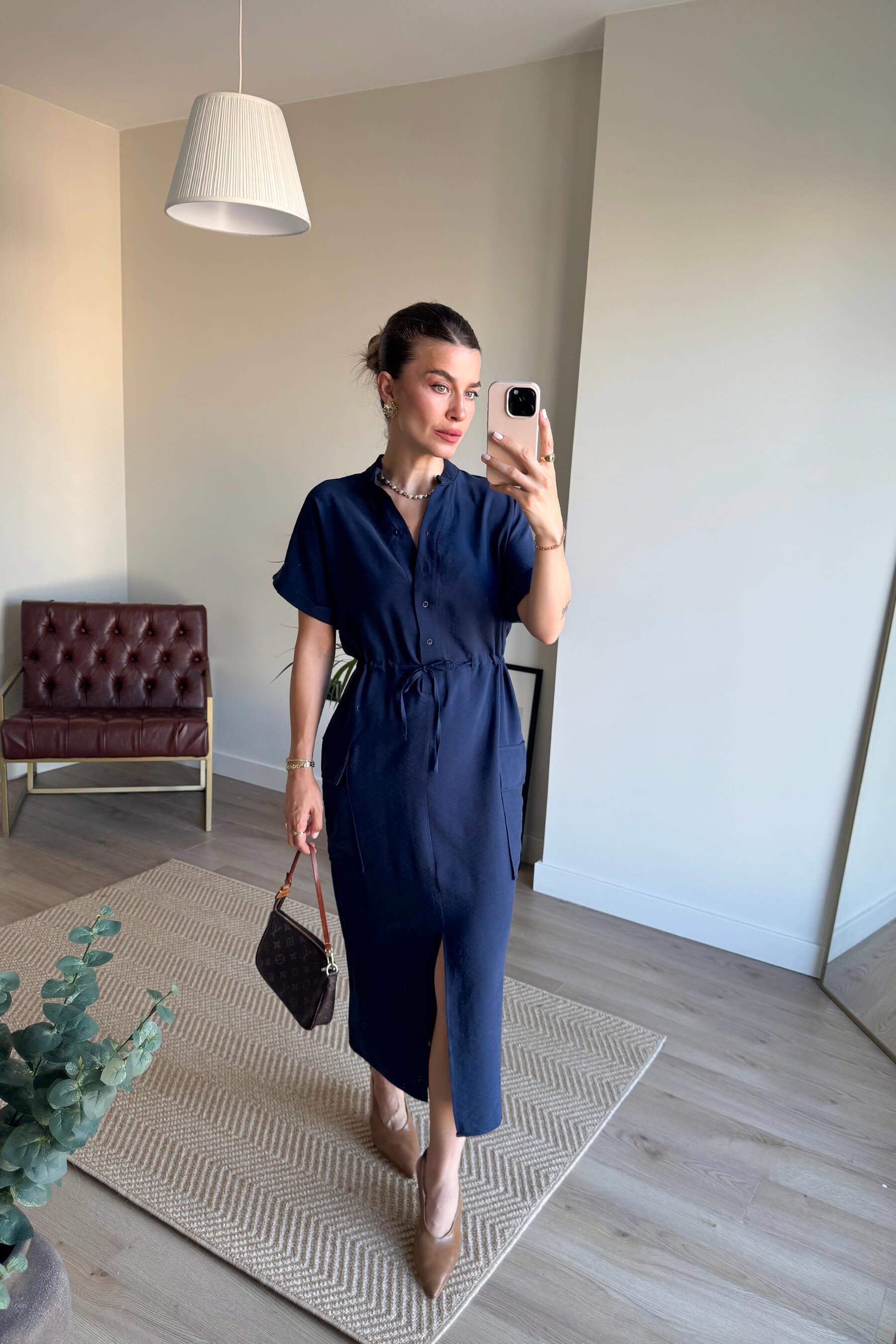 Lacivert Hakim Yaka Beli Bağcıklı Yırtmaçlı Gömlek Elbise