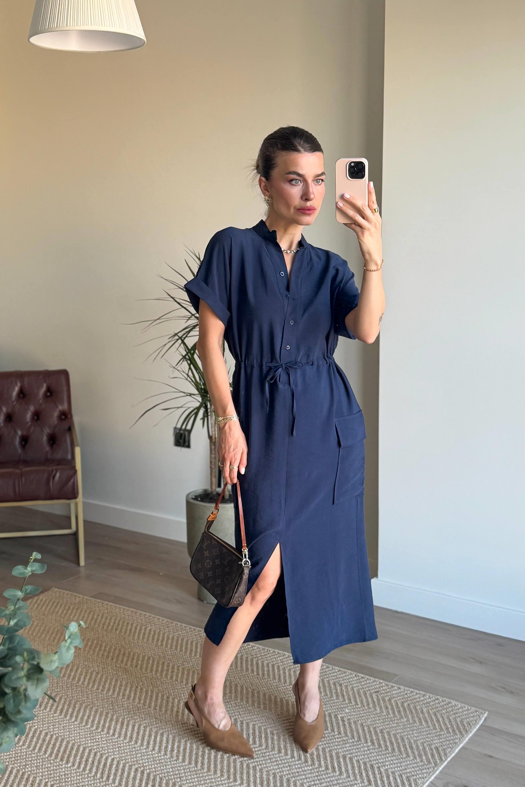 Lacivert Hakim Yaka Beli Bağcıklı Yırtmaçlı Gömlek Elbise