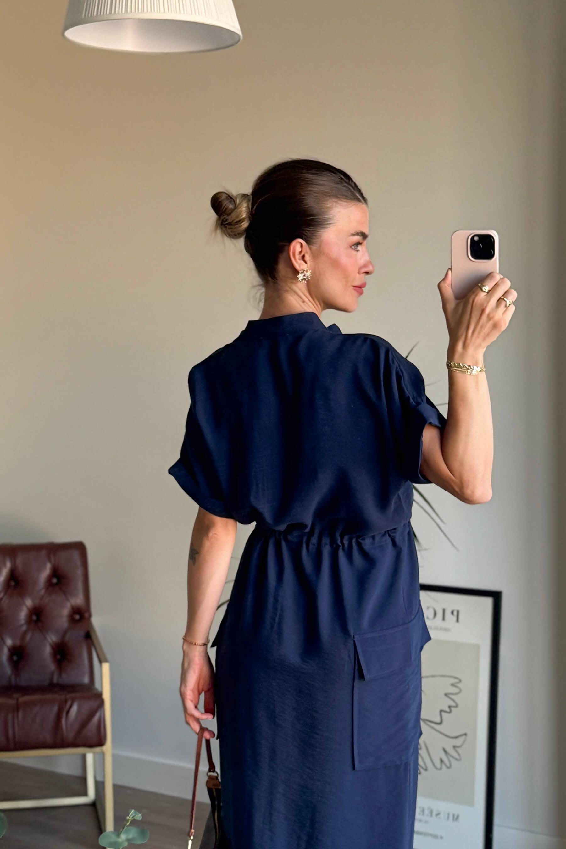 Lacivert Hakim Yaka Beli Bağcıklı Yırtmaçlı Gömlek Elbise