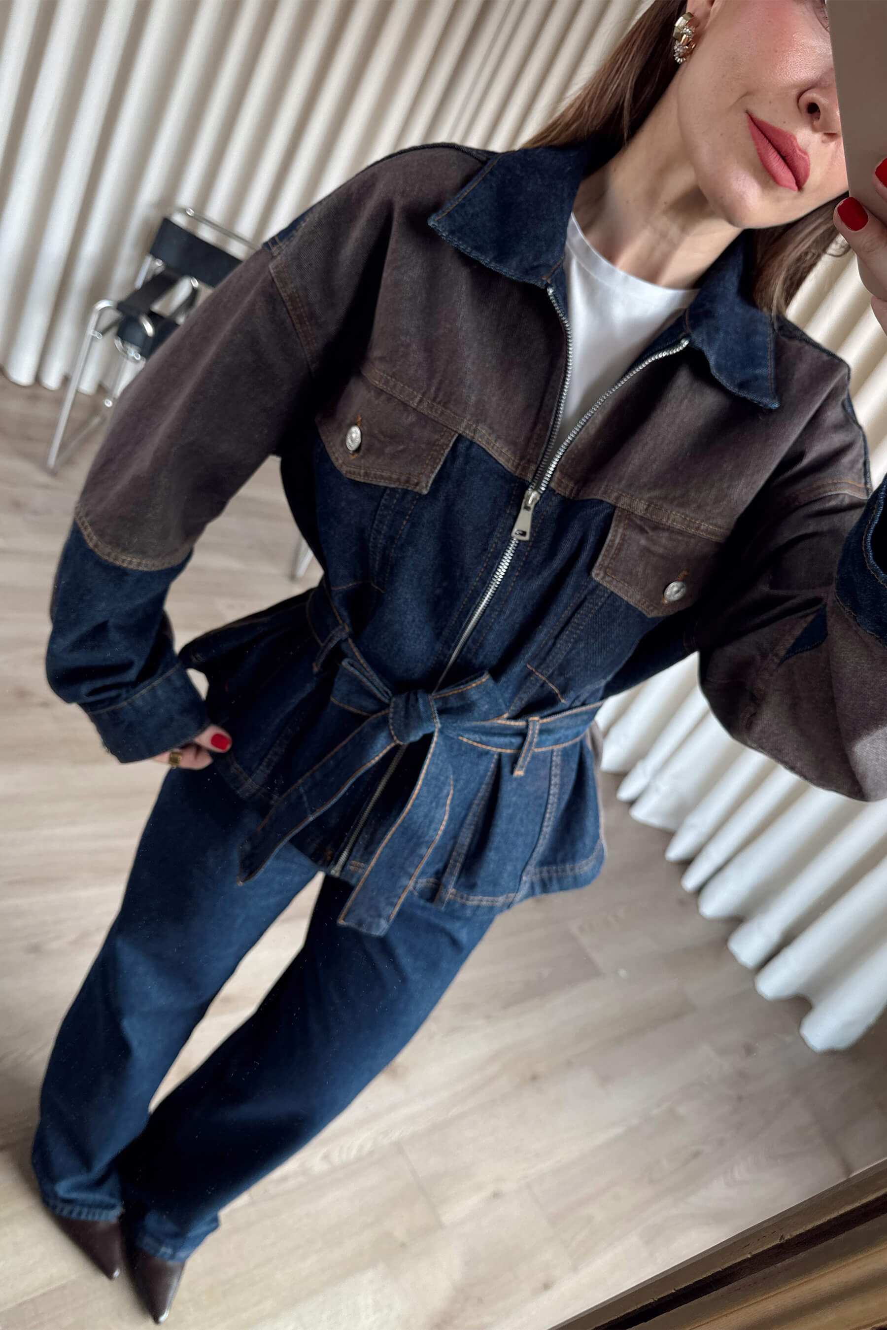 Lacivert Kahve Fermuarlı Ceket Pantolon Denim Takım