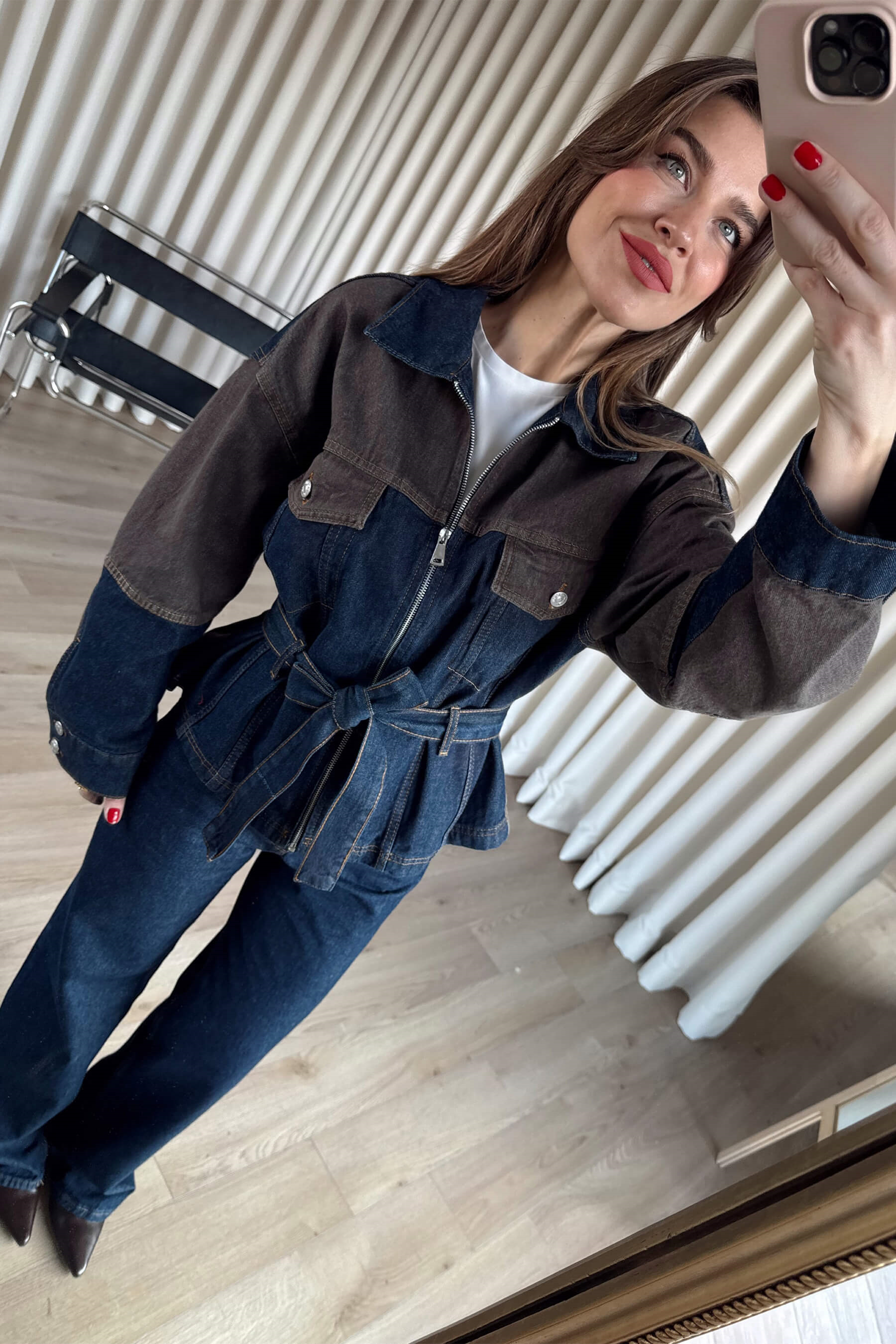 Lacivert Kahve Fermuarlı Ceket Pantolon Denim Takım