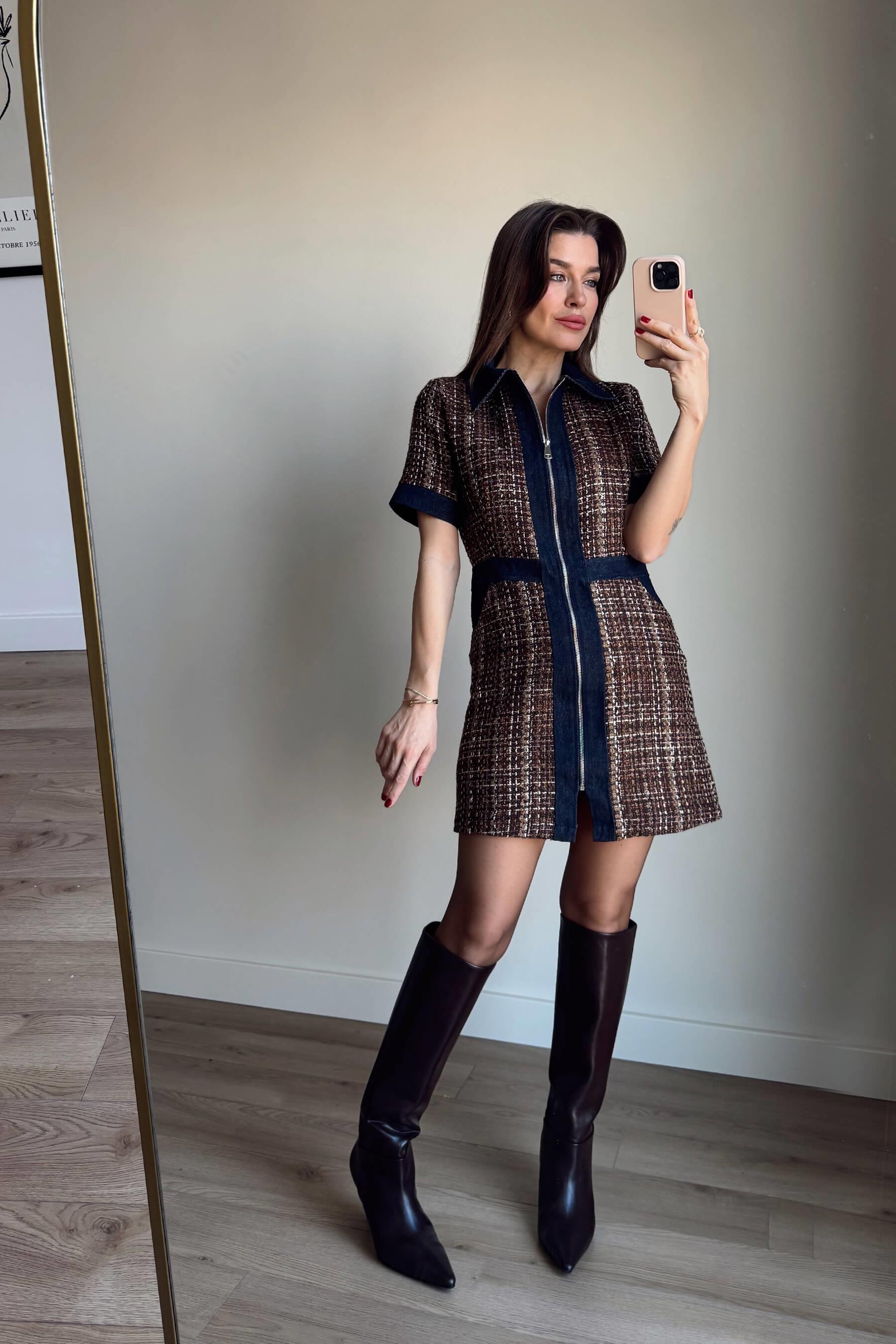 Lacivert Kahve Jean Detaylı Fermuarlı Astarlı Tüvit Elbise