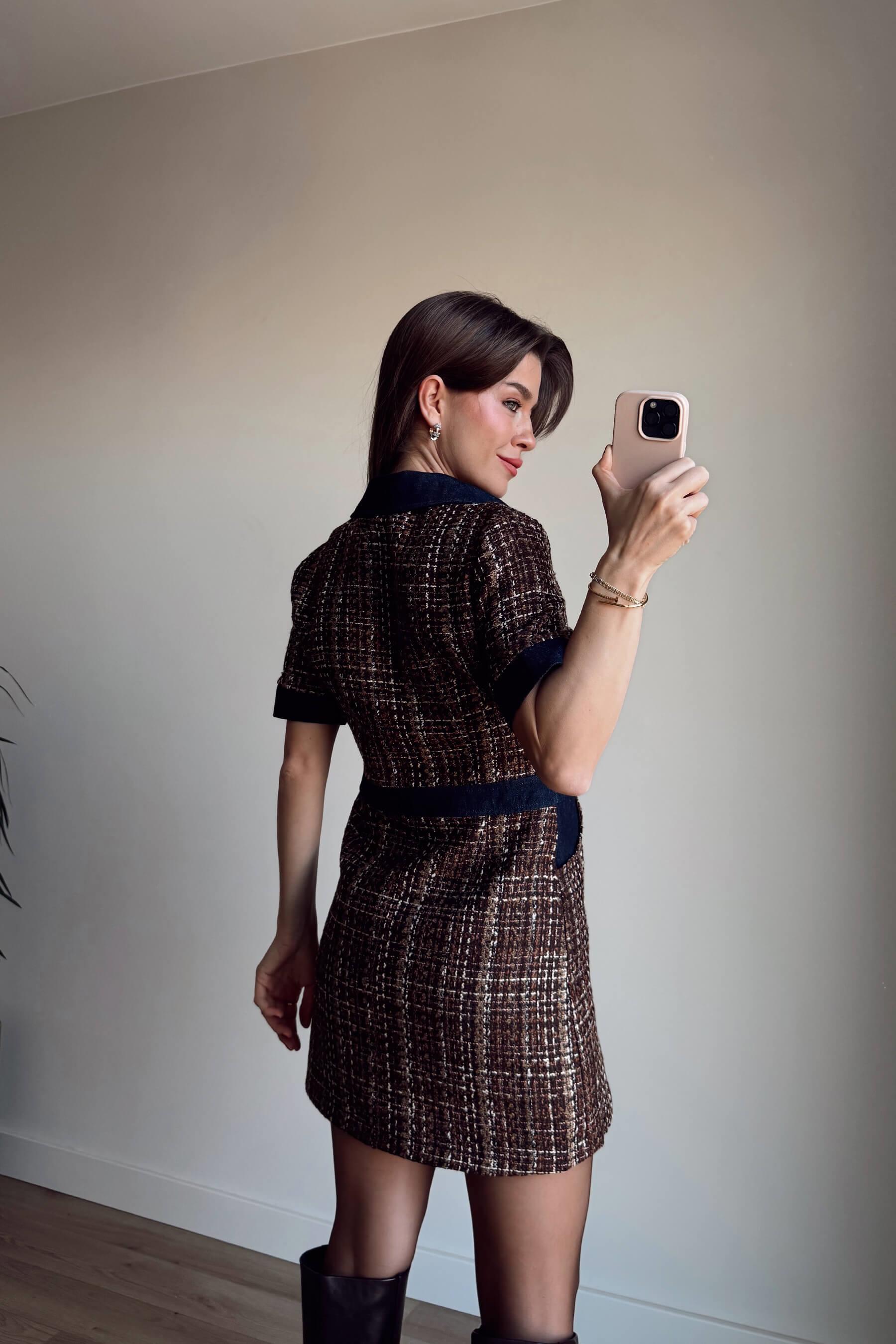 Lacivert Kahve Jean Detaylı Fermuarlı Astarlı Tüvit Elbise