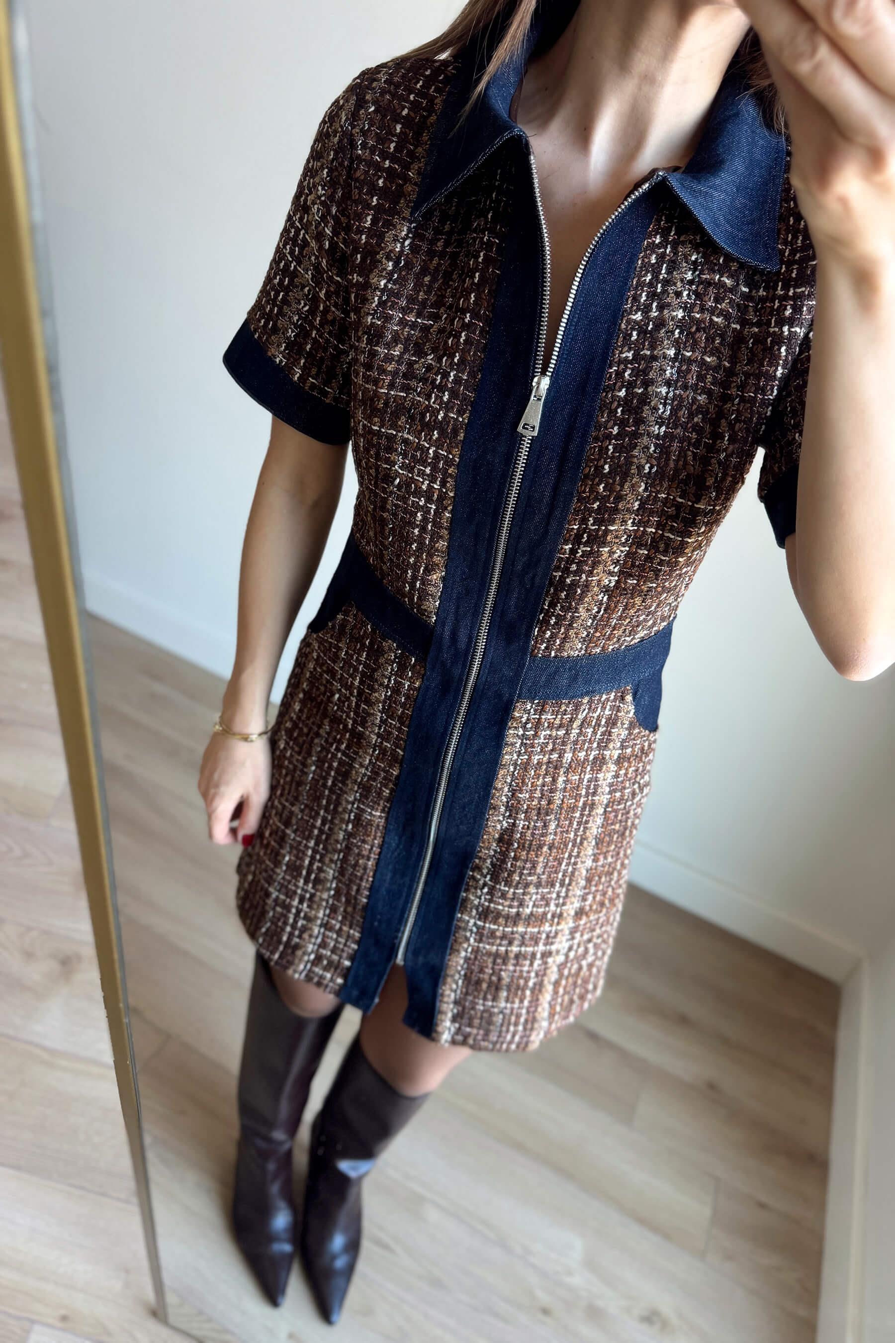 Lacivert Kahve Jean Detaylı Fermuarlı Astarlı Tüvit Elbise