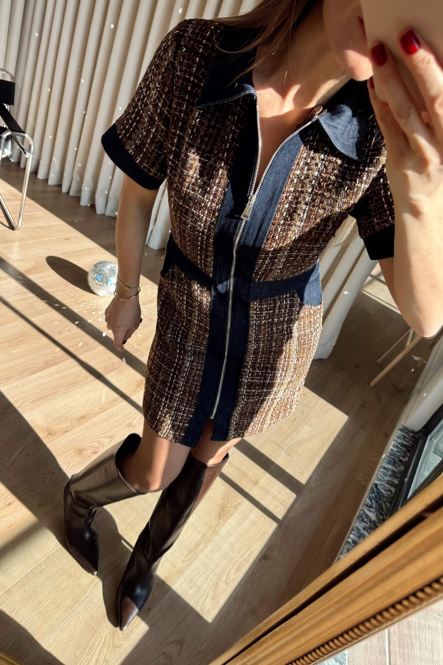 Lacivert Kahve Jean Detaylı Fermuarlı Astarlı Tüvit Elbise