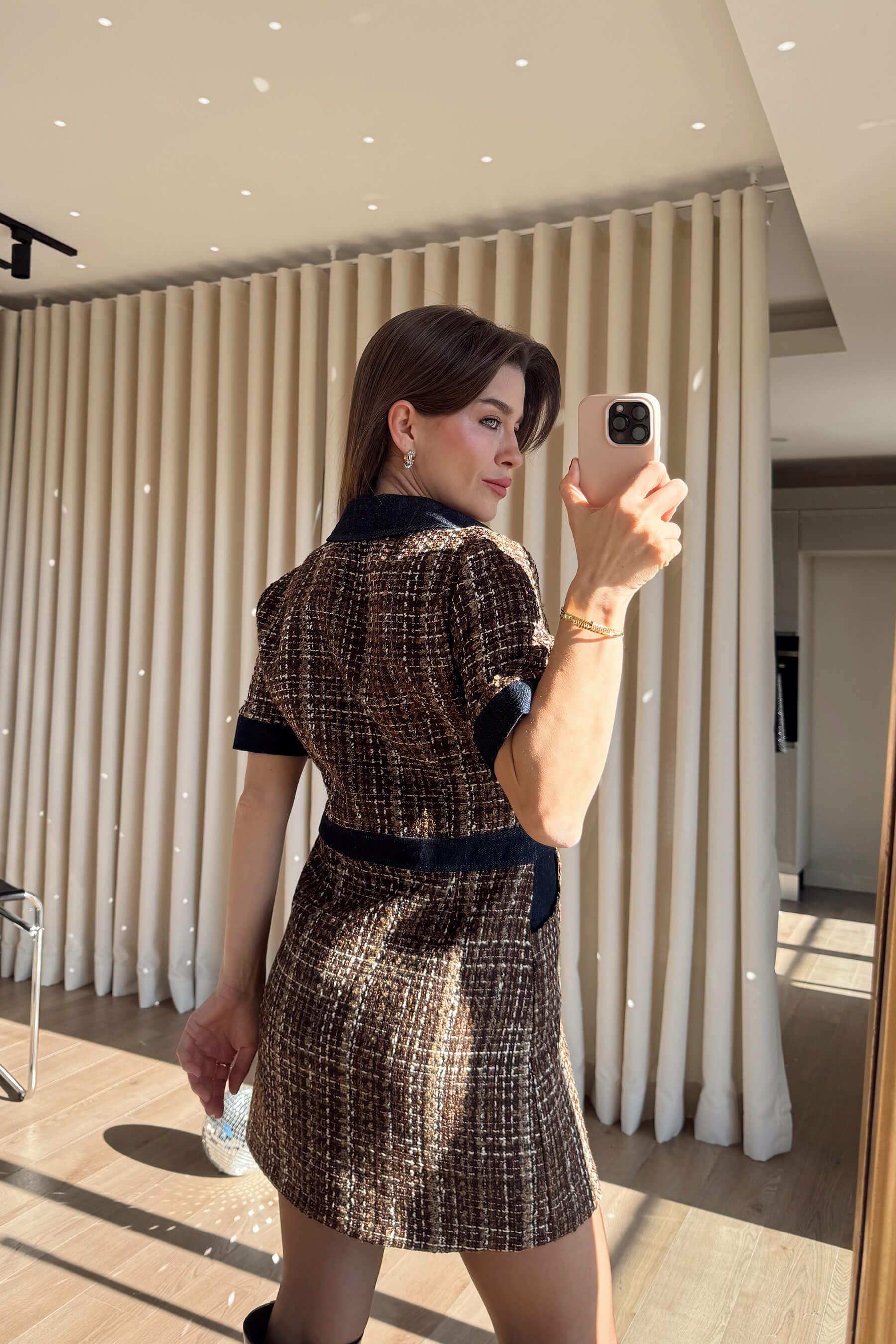 Lacivert Kahve Jean Detaylı Fermuarlı Astarlı Tüvit Elbise