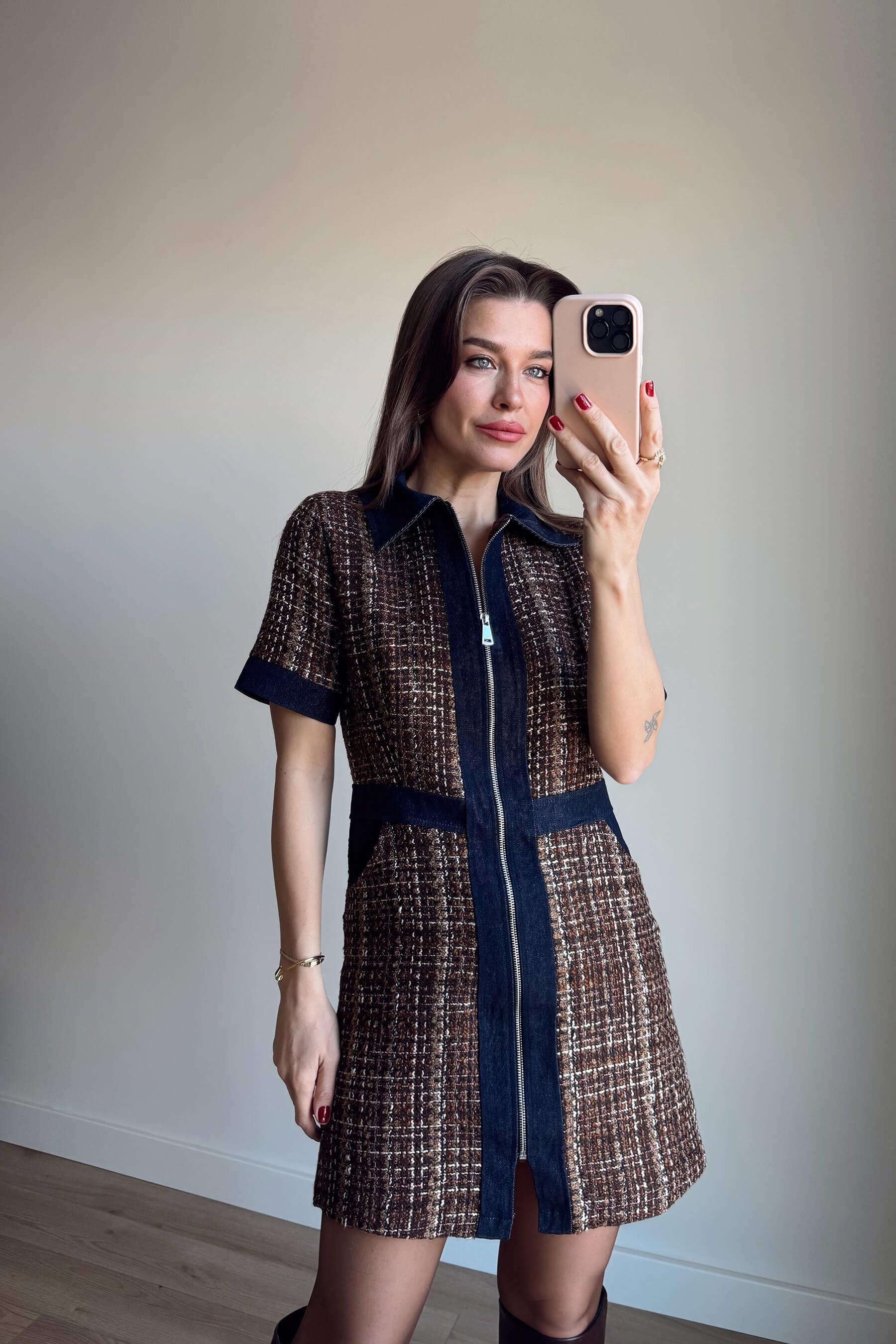 Lacivert Kahve Jean Detaylı Fermuarlı Astarlı Tüvit Elbise