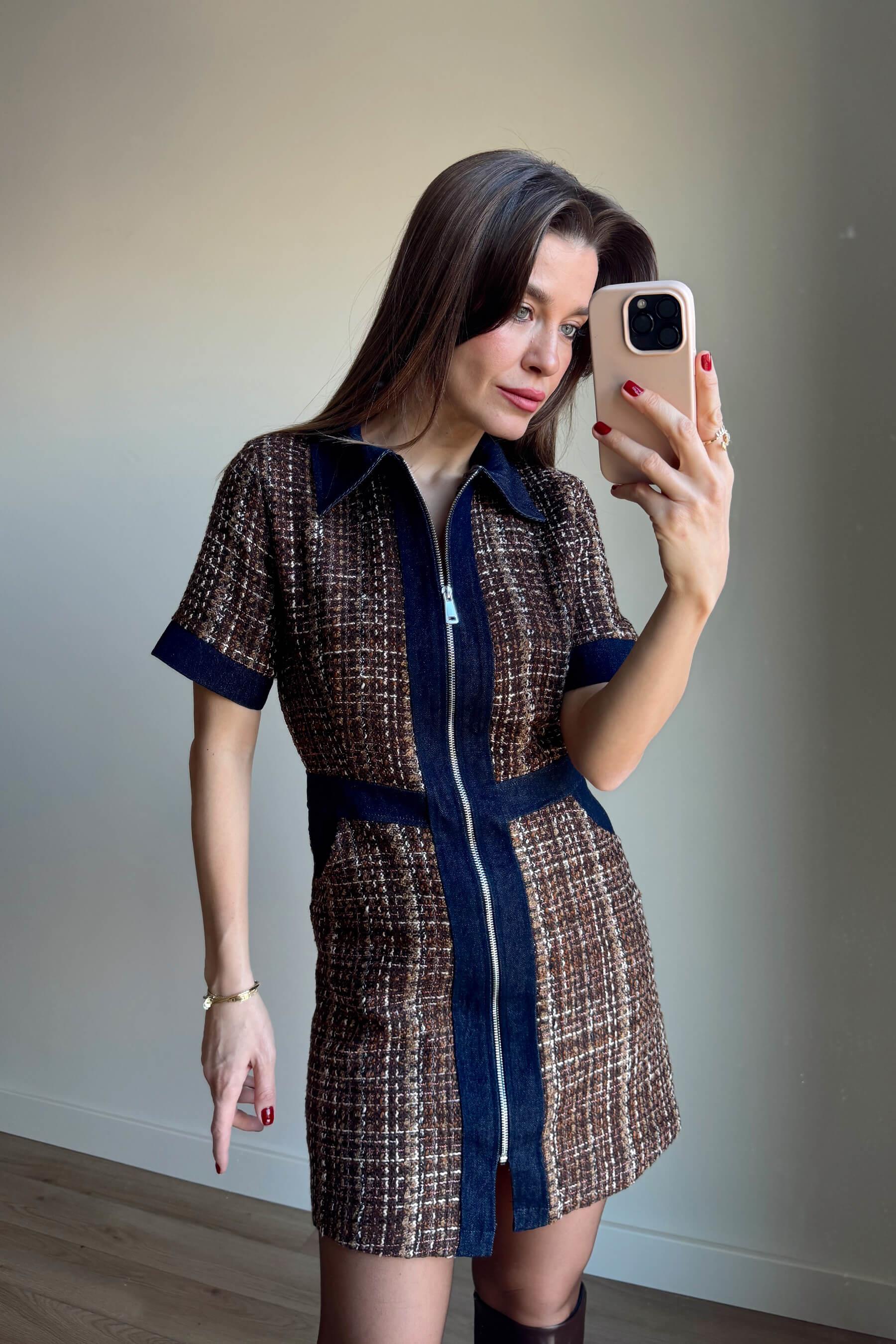 Lacivert Kahve Jean Detaylı Fermuarlı Astarlı Tüvit Elbise