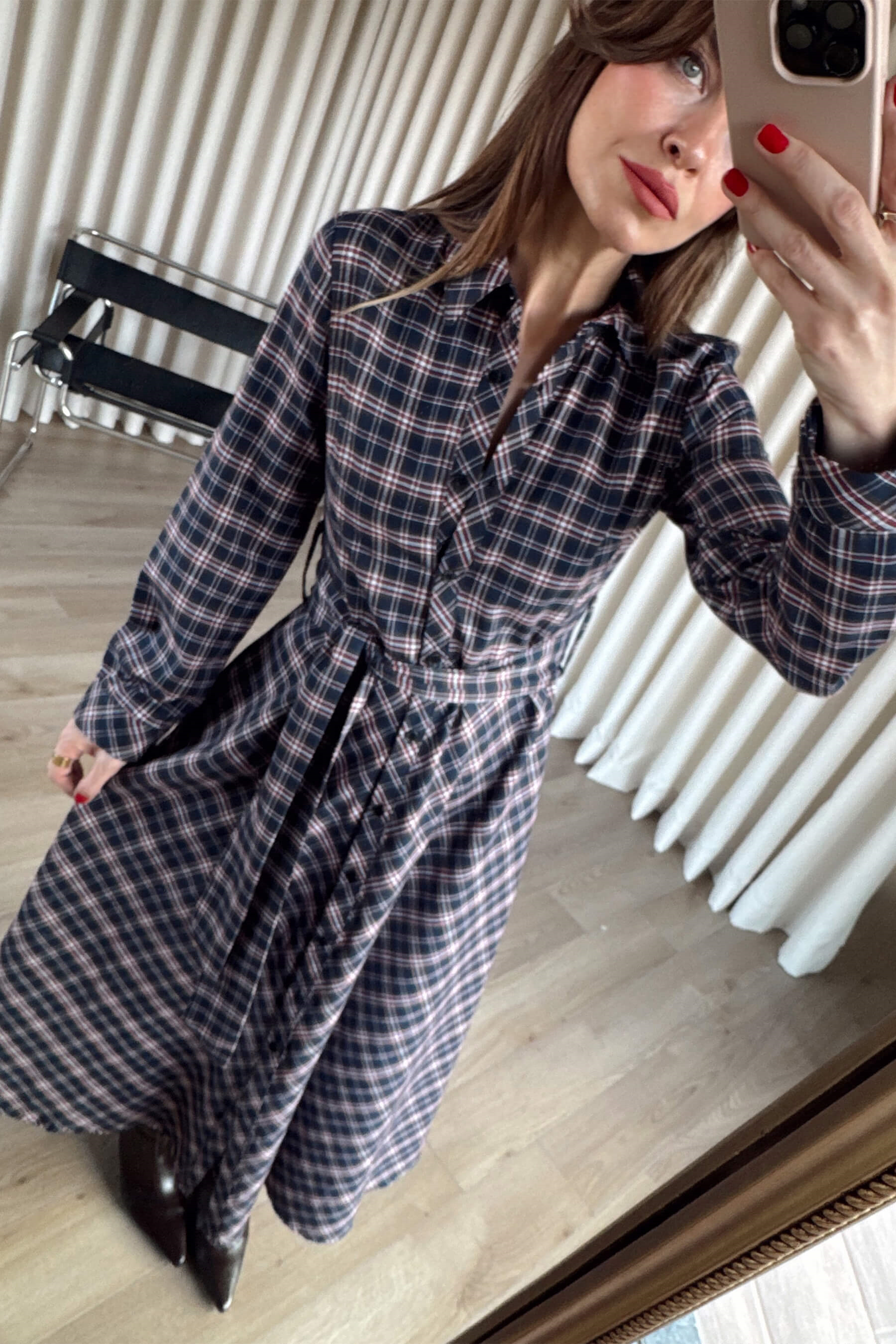 Lacivert Kırmızı Ekoseli Oversize Kuşaklı Maxi Boy Elbise