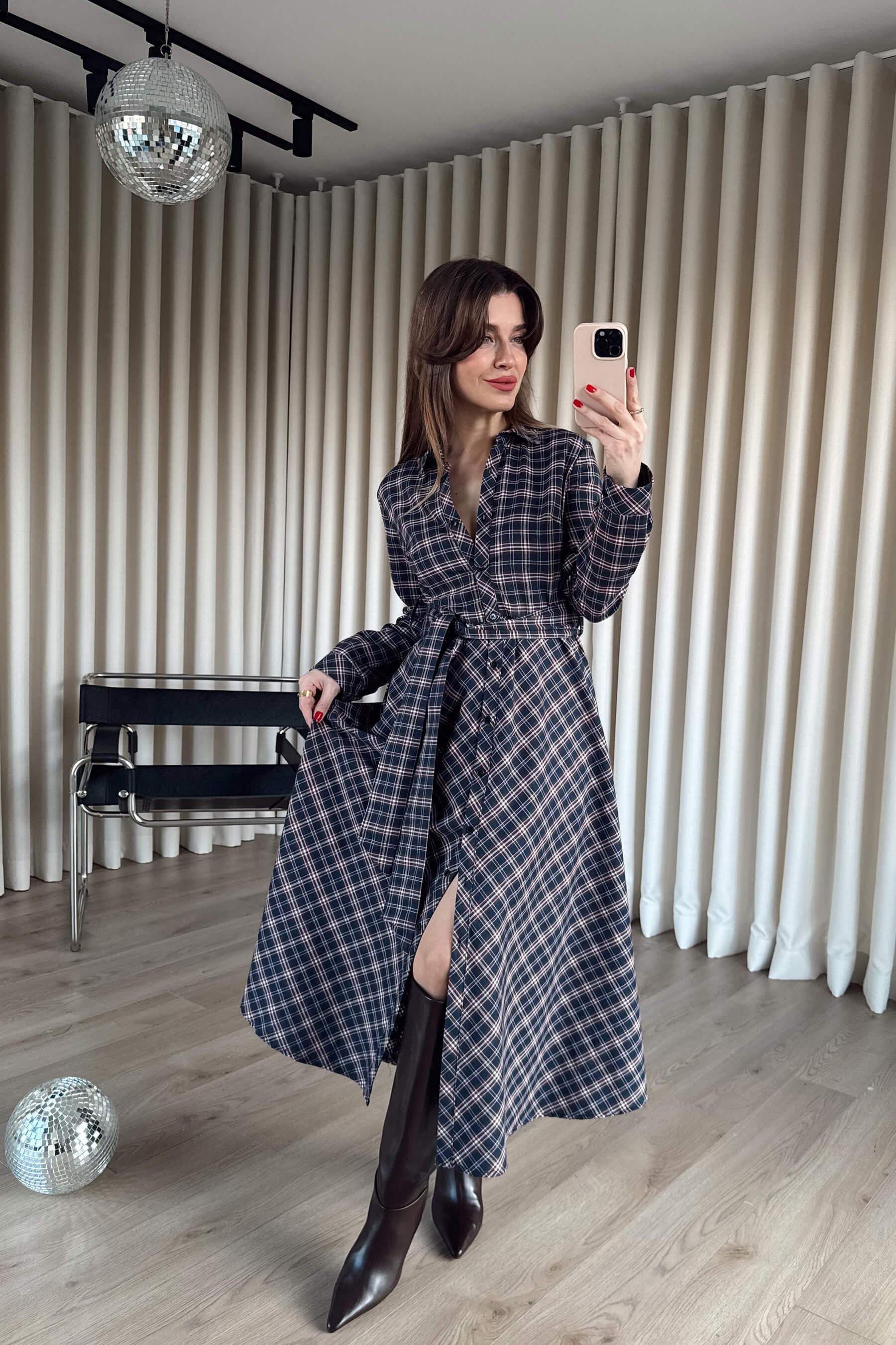 Lacivert Kırmızı Ekoseli Oversize Kuşaklı Maxi Boy Elbise