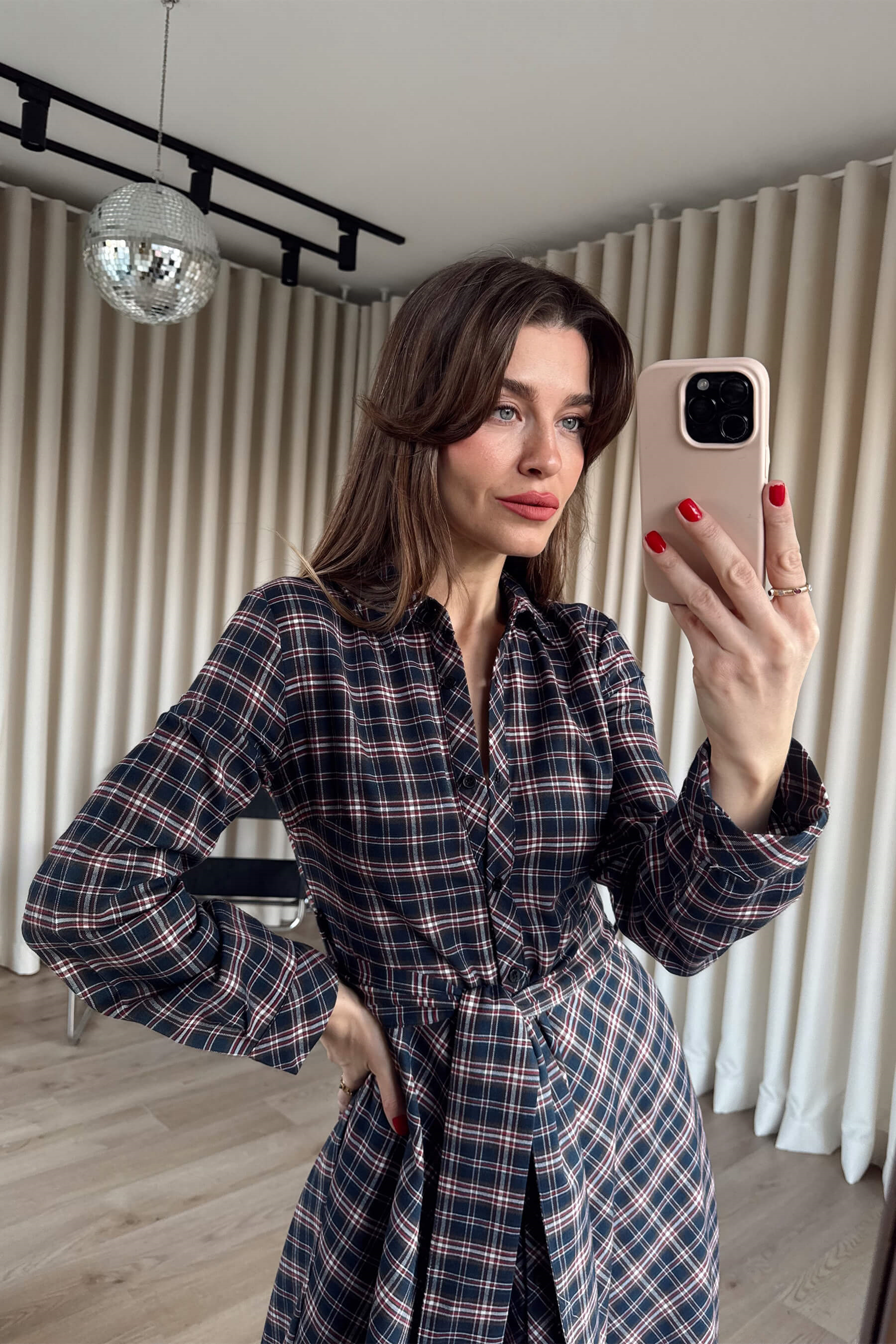 Lacivert Kırmızı Ekoseli Oversize Kuşaklı Maxi Boy Elbise