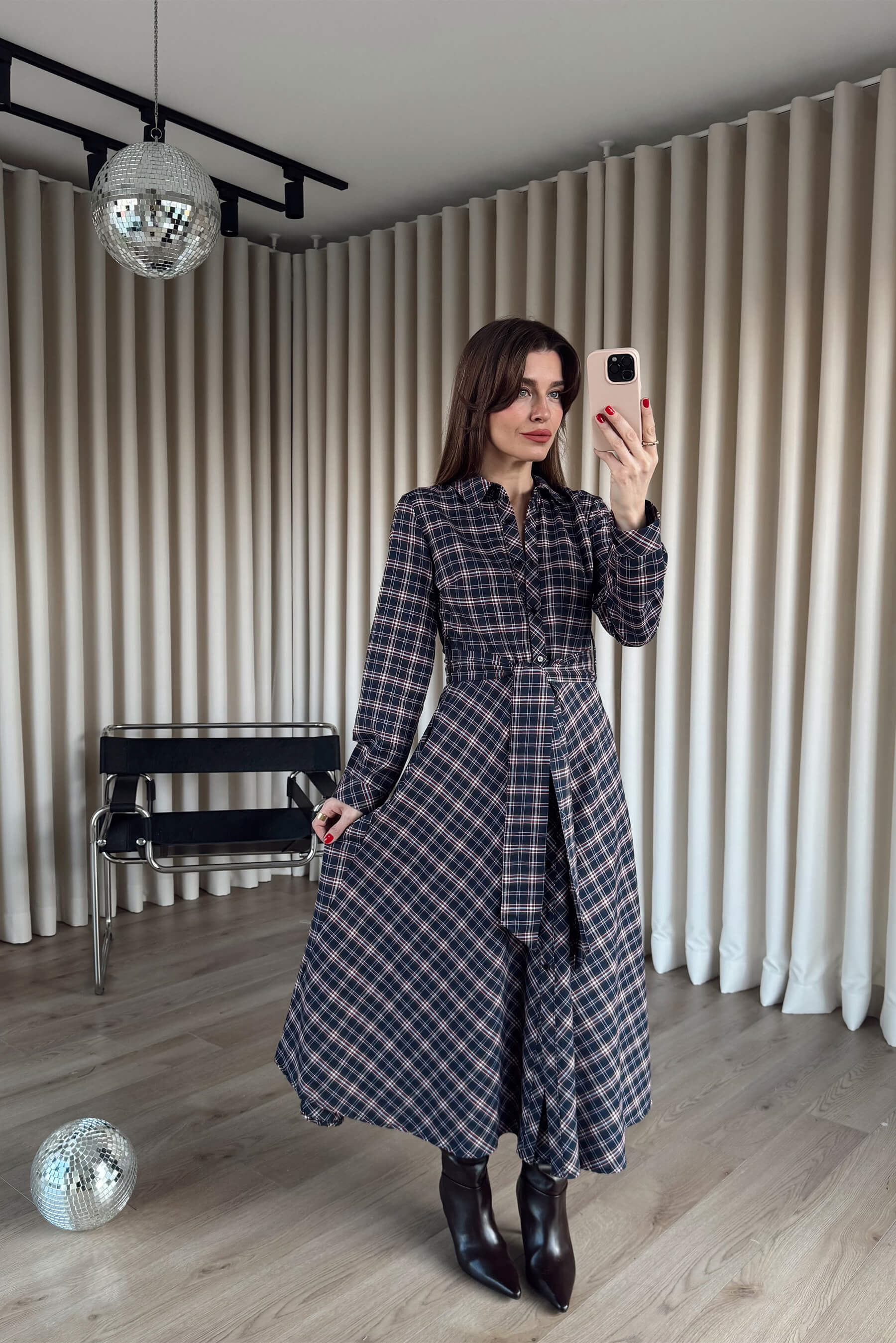 Lacivert Kırmızı Ekoseli Oversize Kuşaklı Maxi Boy Elbise