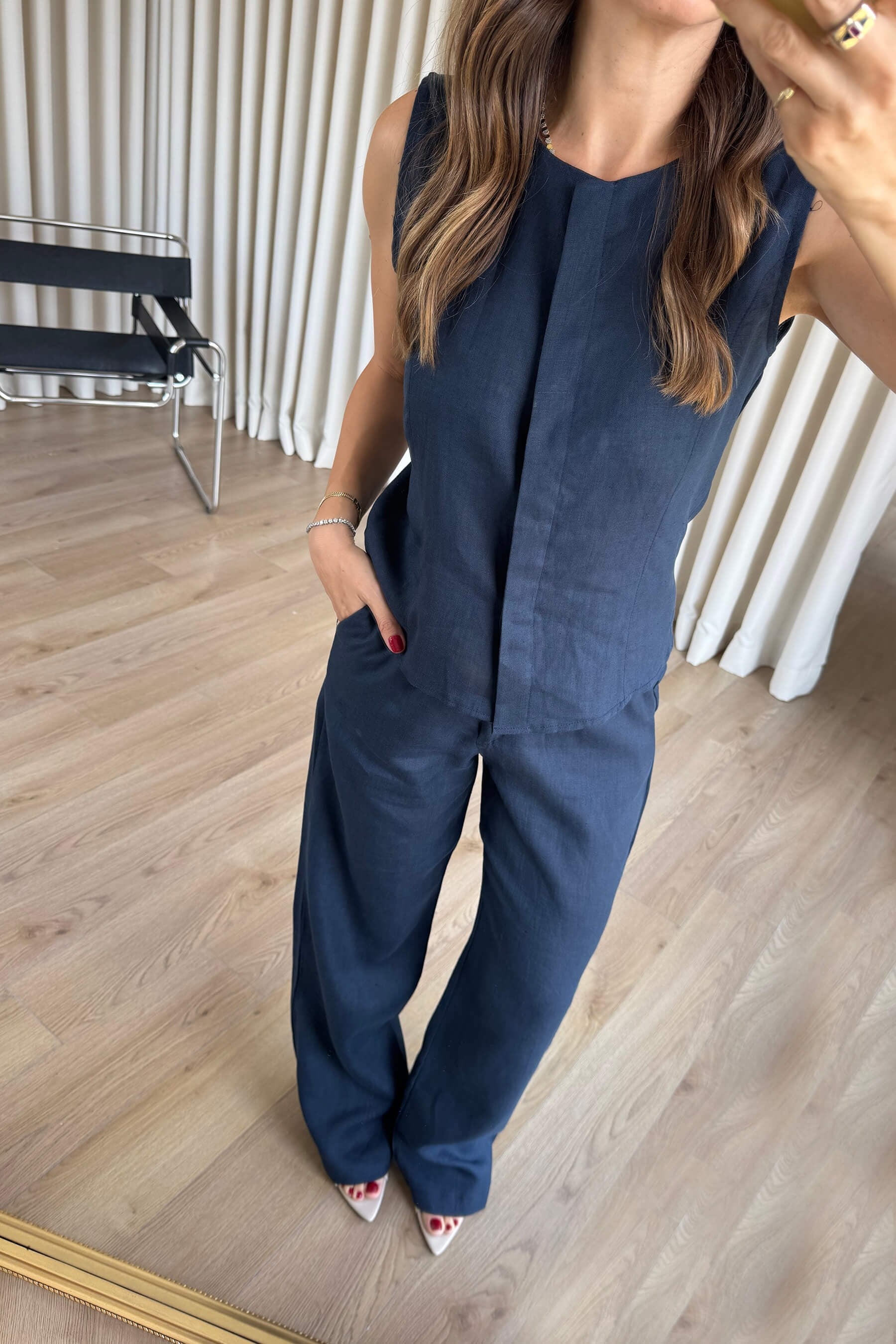 Lacivert Kolsuz Bluz Pantolon Keten Takım