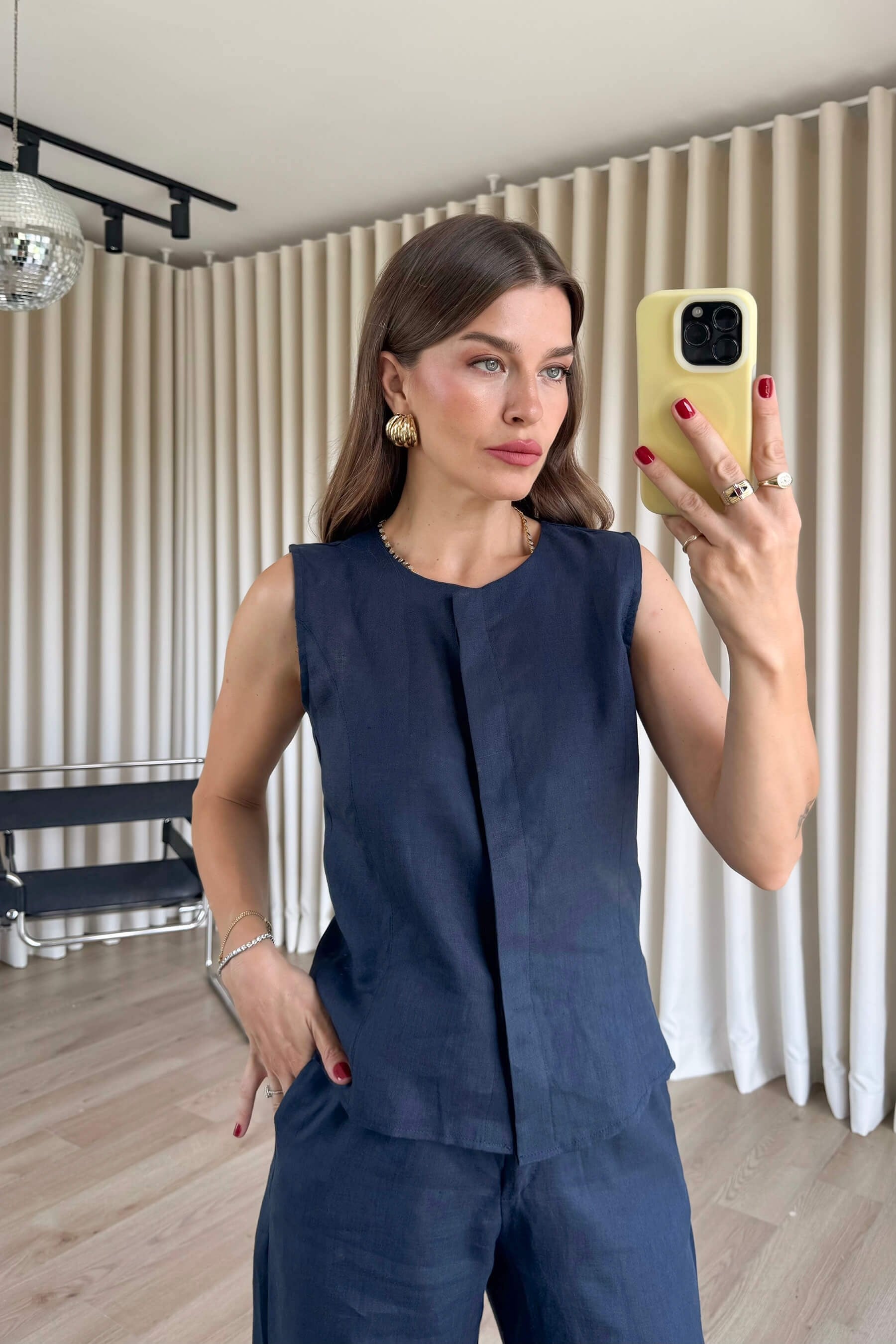 Lacivert Kolsuz Bluz Pantolon Keten Takım