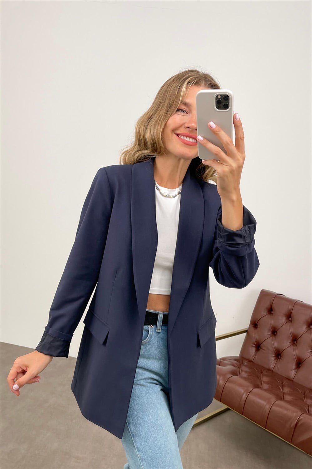 Lacivert Kruvaze Yaka Astarlı Blazer Ceket