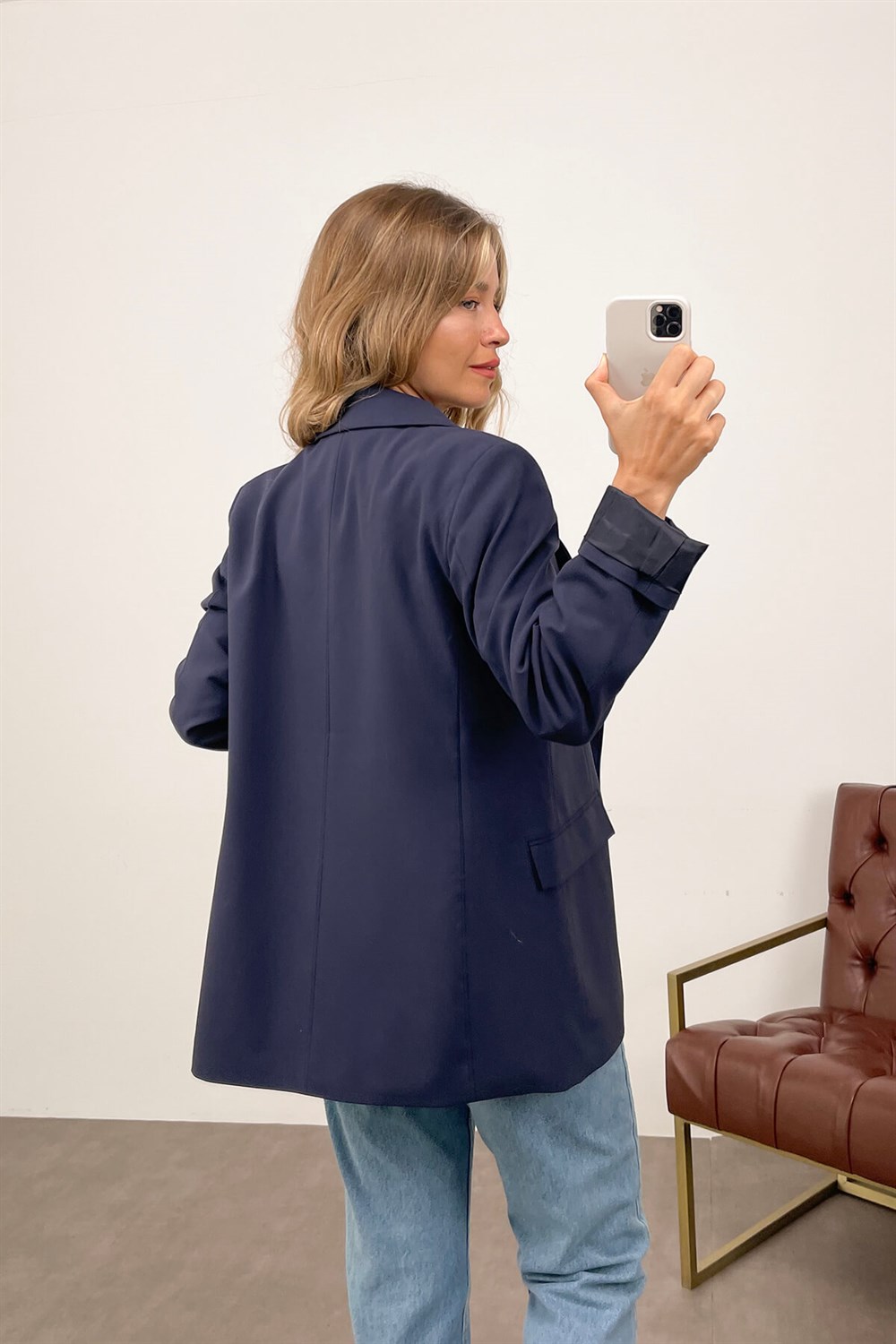 Lacivert Kruvaze Yaka Astarlı Blazer Ceket
