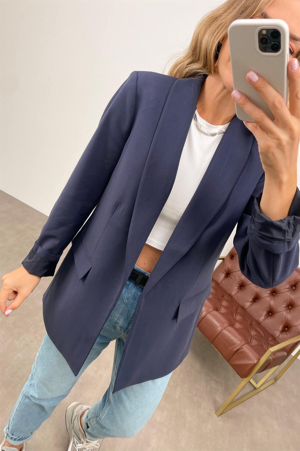 Lacivert Kruvaze Yaka Astarlı Blazer Ceket